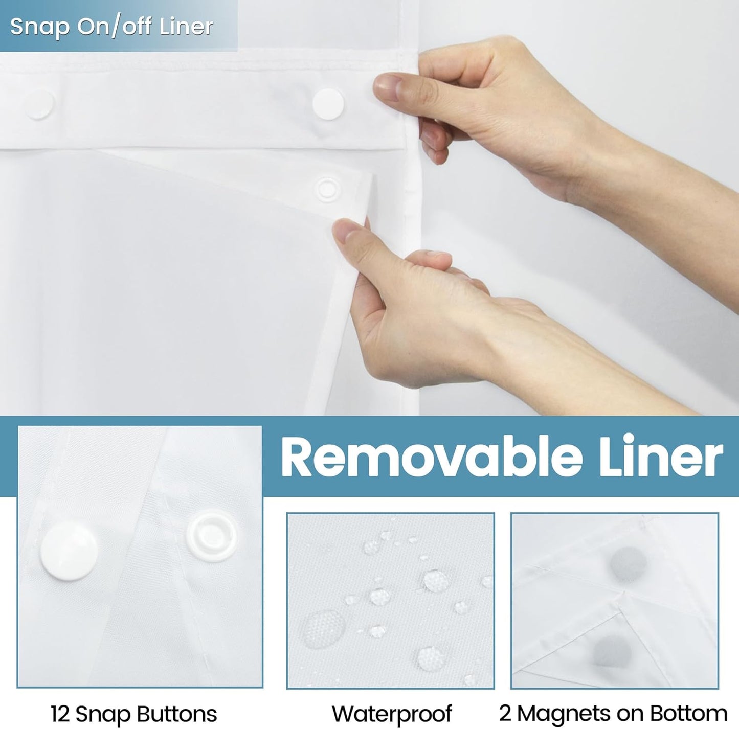 Long No Hook Shower Curtain with Snap in Liner,230GSM Waffle Weave Shower Curtains for Bathroom,71W x 77H(75"),White