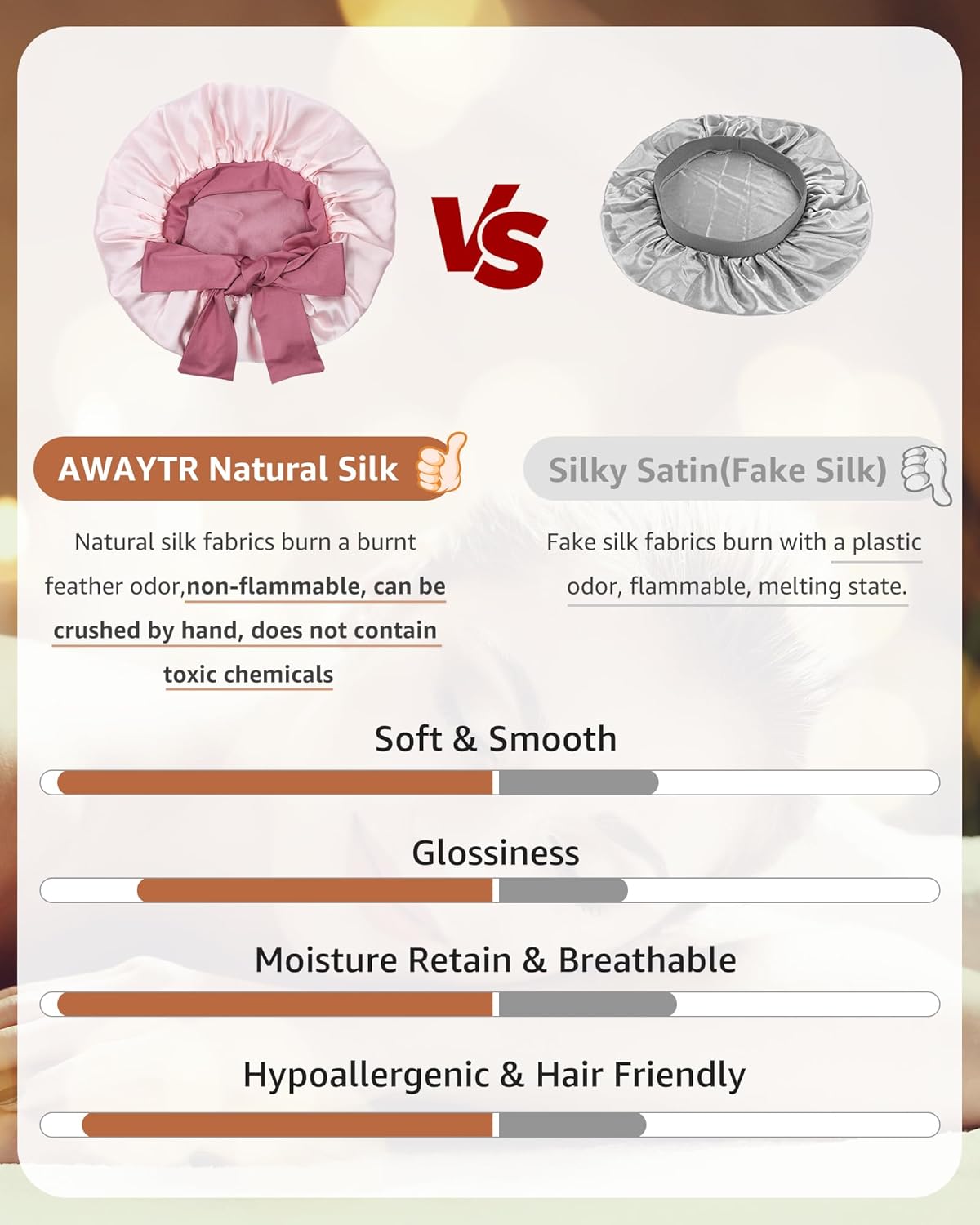 AWAYTR Silk Bonnet for Sleeping Women 100% Mulberry Silk Bonnet with Band 2 Layer Reversible Hair Bonnet Sleeping Hair Wrap (Silk, Dust rose/Pink)