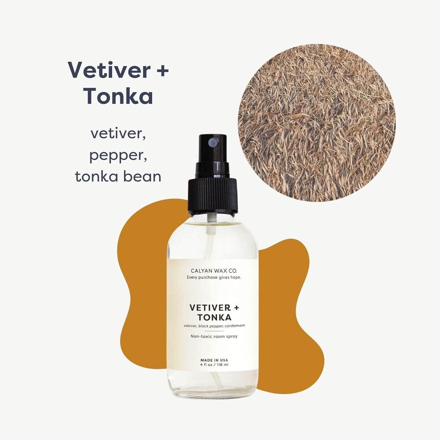 Calyan Wax Co. Vetiver & Tonka Room Spray - Non Toxic Air Freshener - Natural Room Deodorizer with Essential Oils - Air Freshener Spray for Home - 4 fl oz