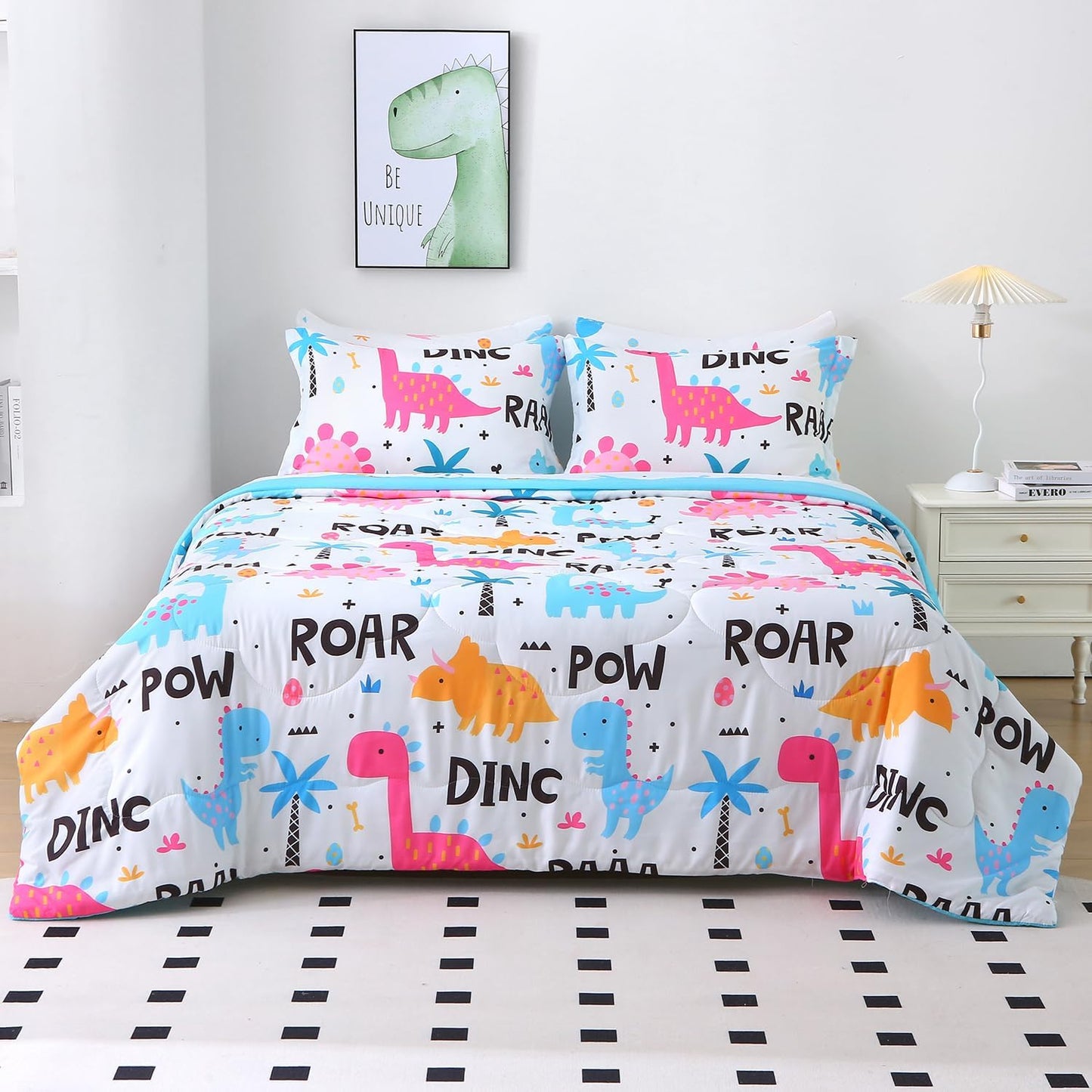Wajade 7 Piece Kid Girls Dinosaur Comforter Set Twin Size 3D Pink Dinosaur Wild Park Jungle Print Bedding Set with Comforter, Sheet Set, Pillowcase and Sham