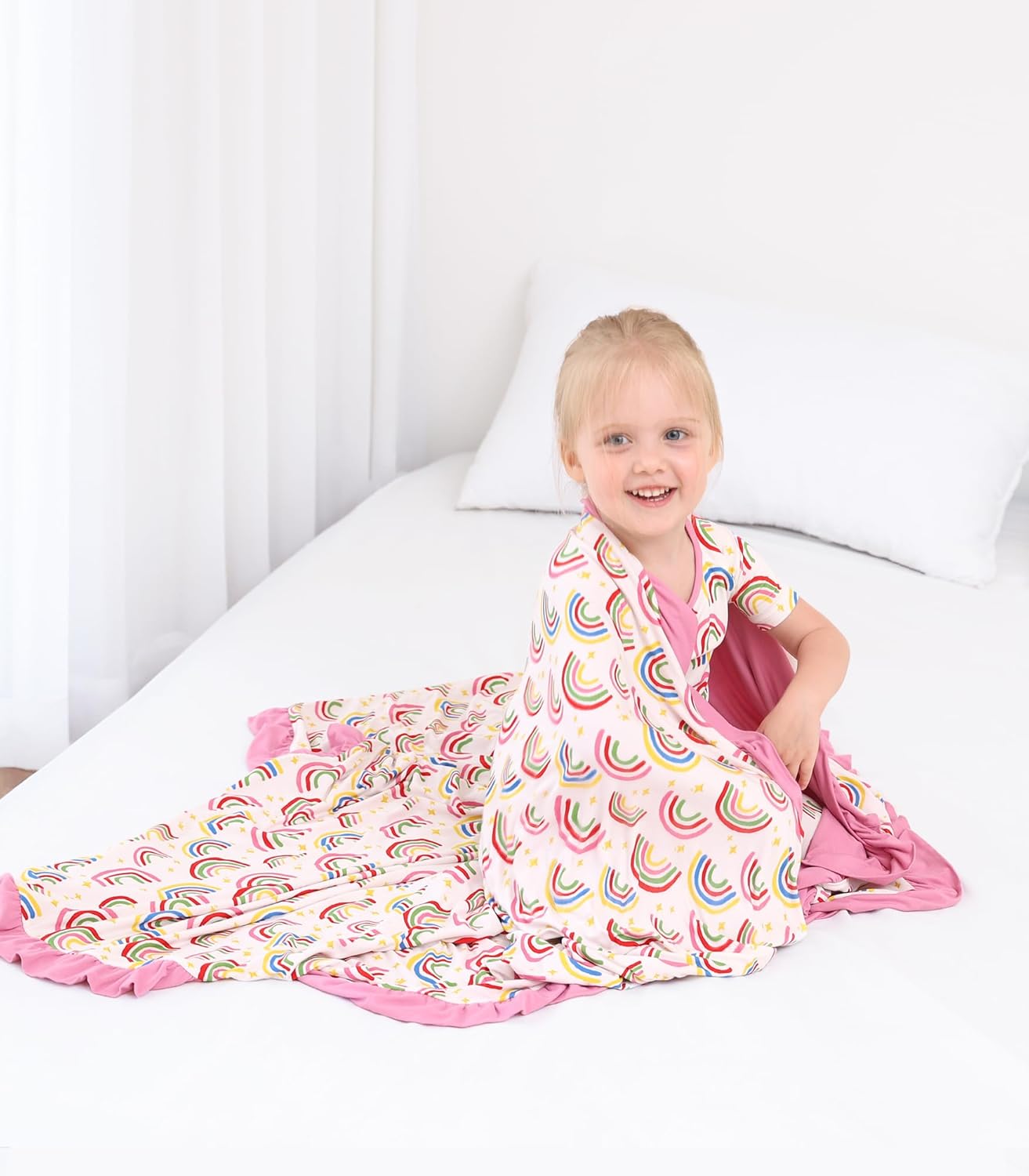 Premium Baby Blanket for Girls, Stretchy Quilt, Soft Crib Bedding for Newborn Baby and Toddler, Ruffle Nursery Blanket for Kids, Viscose Made from Bamboo, 50''x50'' Rainbow