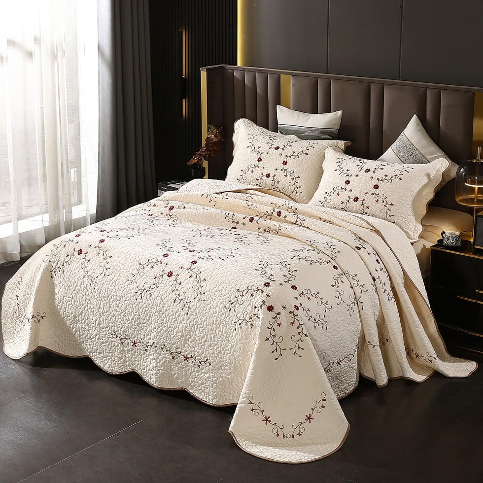 Quilt Set Floral Leaves 3D Embroidery Pattern 2 PCS Cotton Reversible Quilted Embroidered Decorative Bedspreads Coverlet Set, Lightweight &Soft Queen Size Beige Bedding Coverlet for All Season