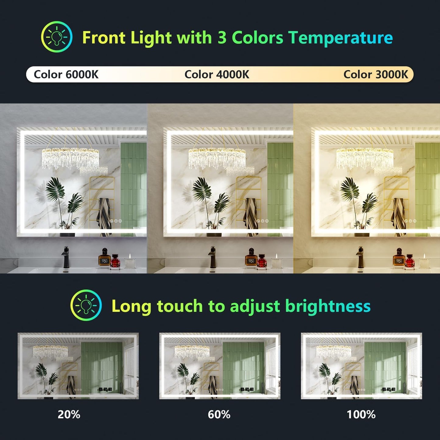 60x38 Inch RGB LED Bathroom Mirror Front Light and RGB Backlit Lighted Vanity Mirror for Bathroom Wall Mounted Dimmable Anti Fog Memory Shatter-Proof IP54 Waterproof Horizontal/Vertical