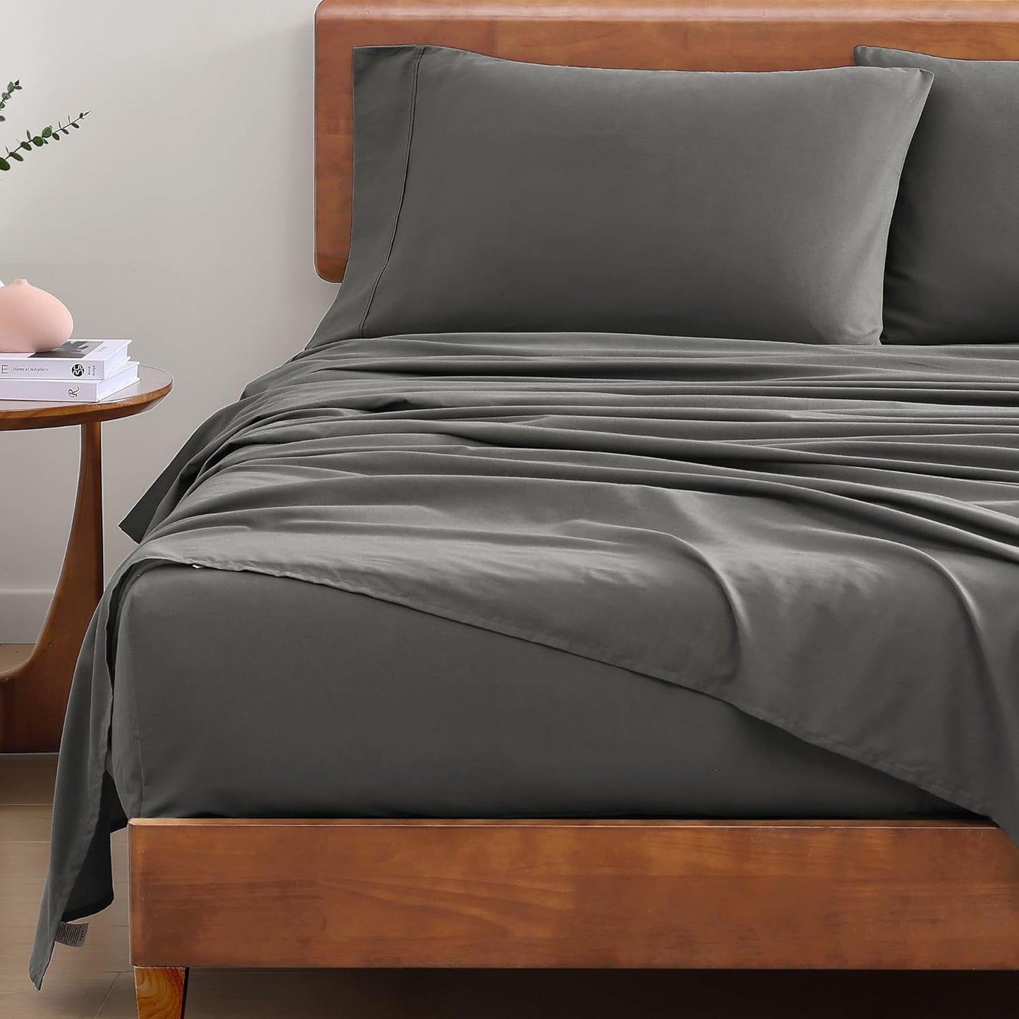 LANE LINEN 100% Organic Cotton 3Pc Bed Sheets Twin Size, Classic Percale Weave, Soft & Comfy Fully Elasticized Naturally Cooling Cotton Sheets, Low Pill Machine wash Twin Sheet Set- Charcoal