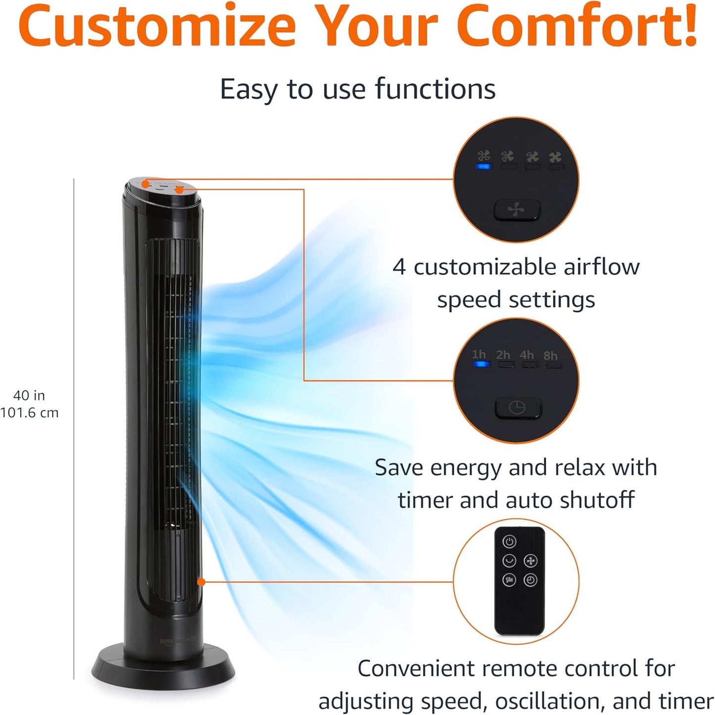 Amazon Basics 40" 70-Degree Oscillating Digital Tower Fan for Bedroom, Living Room, Office, With 4 Speeds, 3 Modes (Standard, Breeze, Nature), Timer Up to 15 Hours, Remote Control, 50W, Black