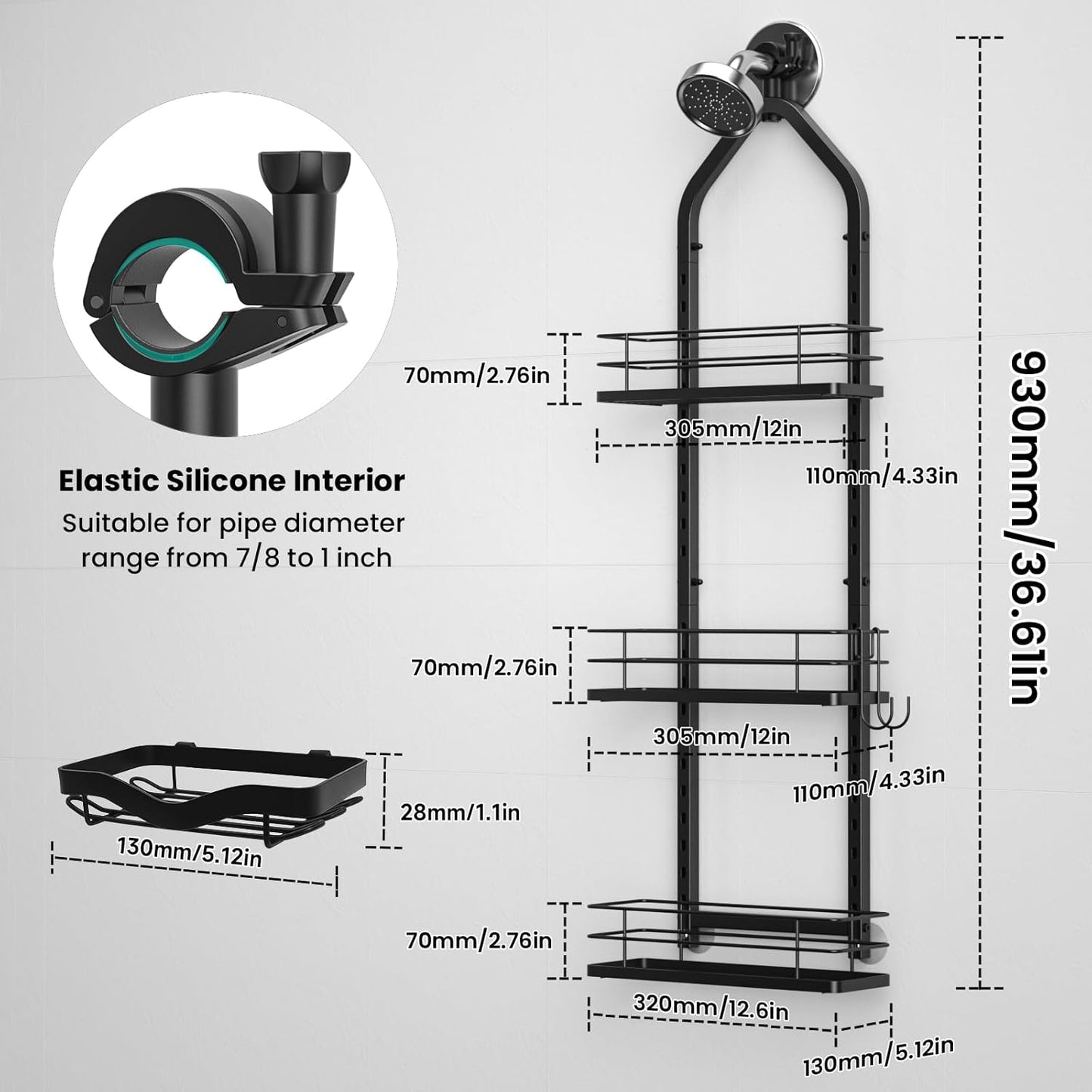 Shower Caddy Hanging (Black), Adjustable Anti-Swing-Over The Shower Head Caddy, 3 Tier Height Bathroom Storage Organizer, Bathroom Shelves Basket Rack, Shower Caddies Rack with Adjustable Soap Basket
