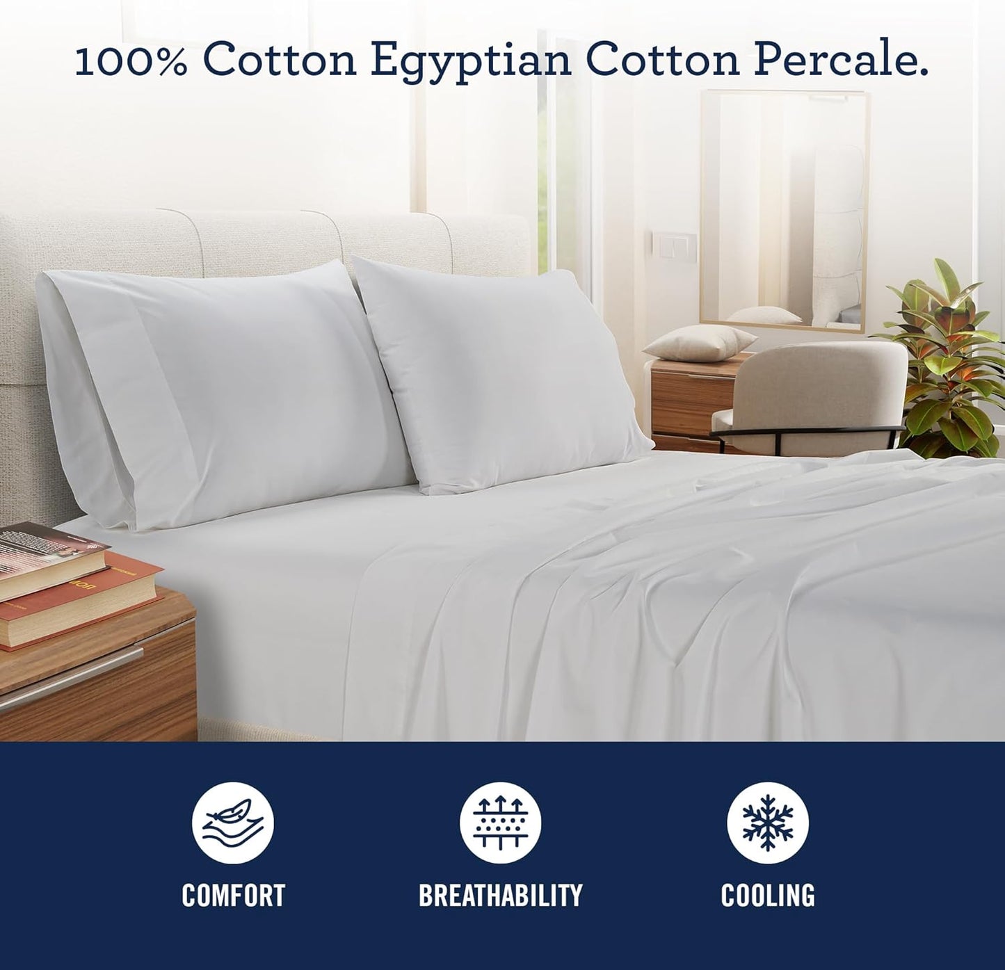 IZOD 100% Egyptian Cotton Sheets Set Twin XL Size, Cotton Percale Crisp Sheet Set 3Pc, Lightweight & Deep Pocket fits Upto 17",Long-Staple Soft Combed,Hotel Style Sheets Luxury Bedding Sheet-White