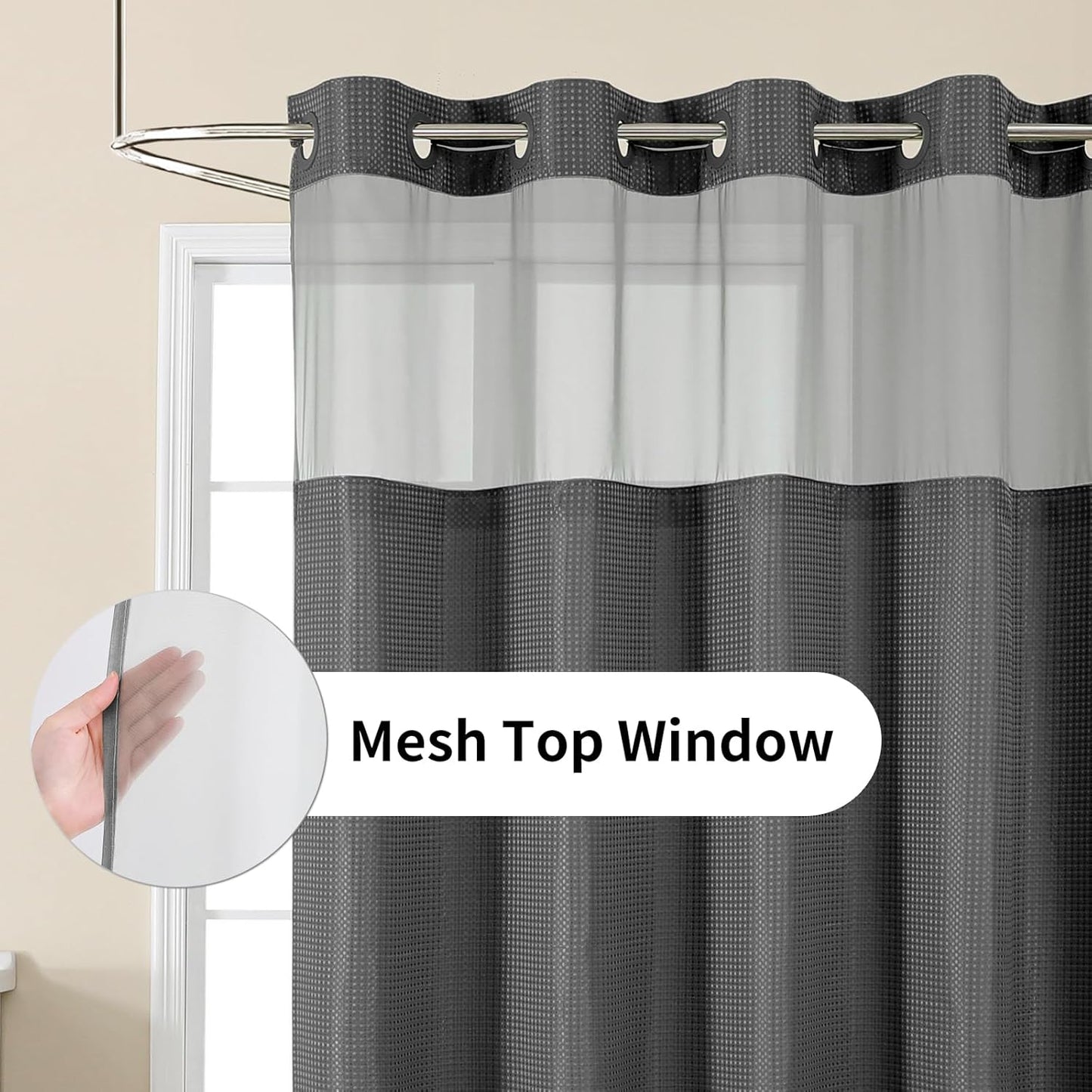 Colorful Star No Hook Waffle Shower Curtain with Snap in Fabric, Waterproof Shower Curtains with Mesh Top Window, Hotel Luxury Heavy Duty Bathroom Curtain and Liner Set, 72'' x 75'', Charcoal Grey