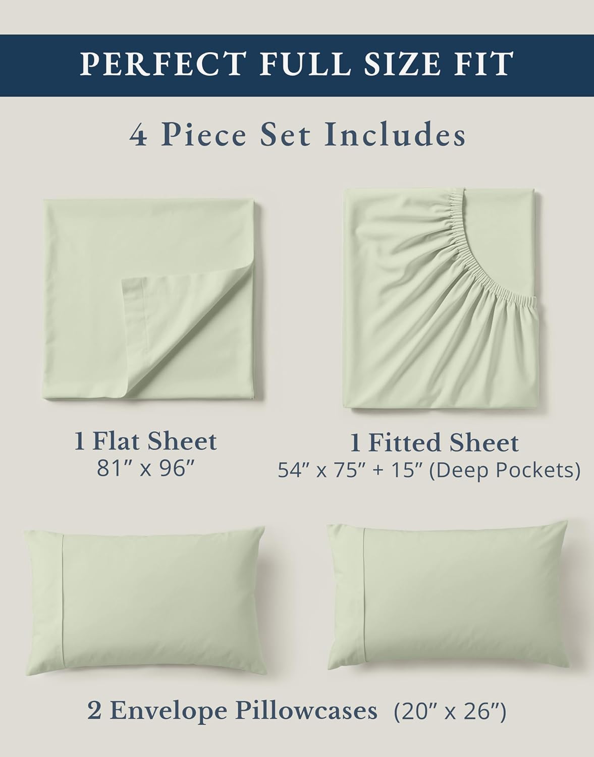 LANE LINEN 100% Organic Cotton Eco Friendly Full Size Sheet & Pillowcase Sets, Fully Elasticized Soft & Comfy Percale Bedding, Naturally Temperature Regulating Cotton Sheets Full- Mineral