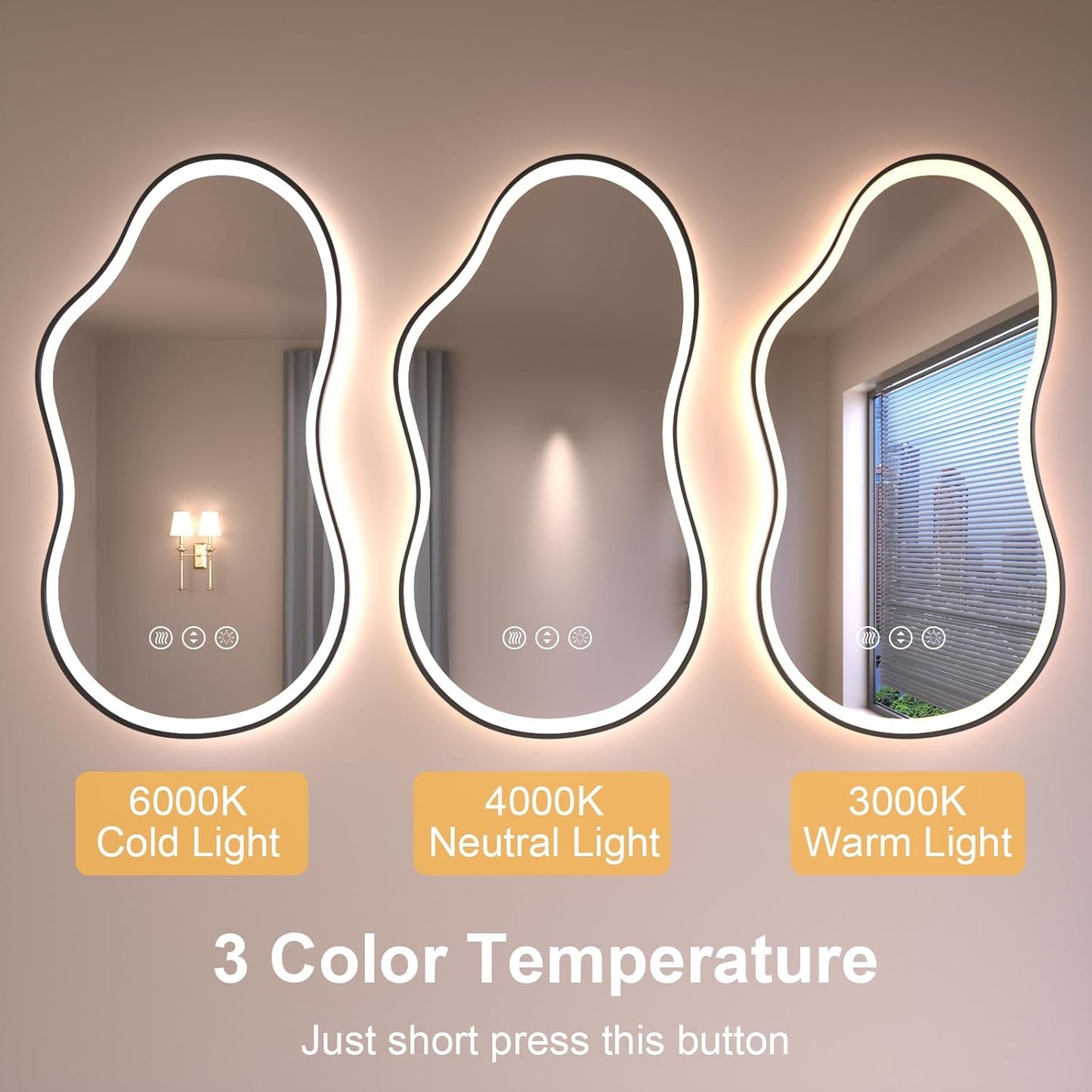 WTTY LED Irregular Bathroom Mirror 26x46 Inch with Front & Back Lights - Asymmetrical Design, Anti-Fog, Dimmable 3 Color Temperatures, Shatterproof Glass, Horizontal or Vertical Mount (Black Frame)
