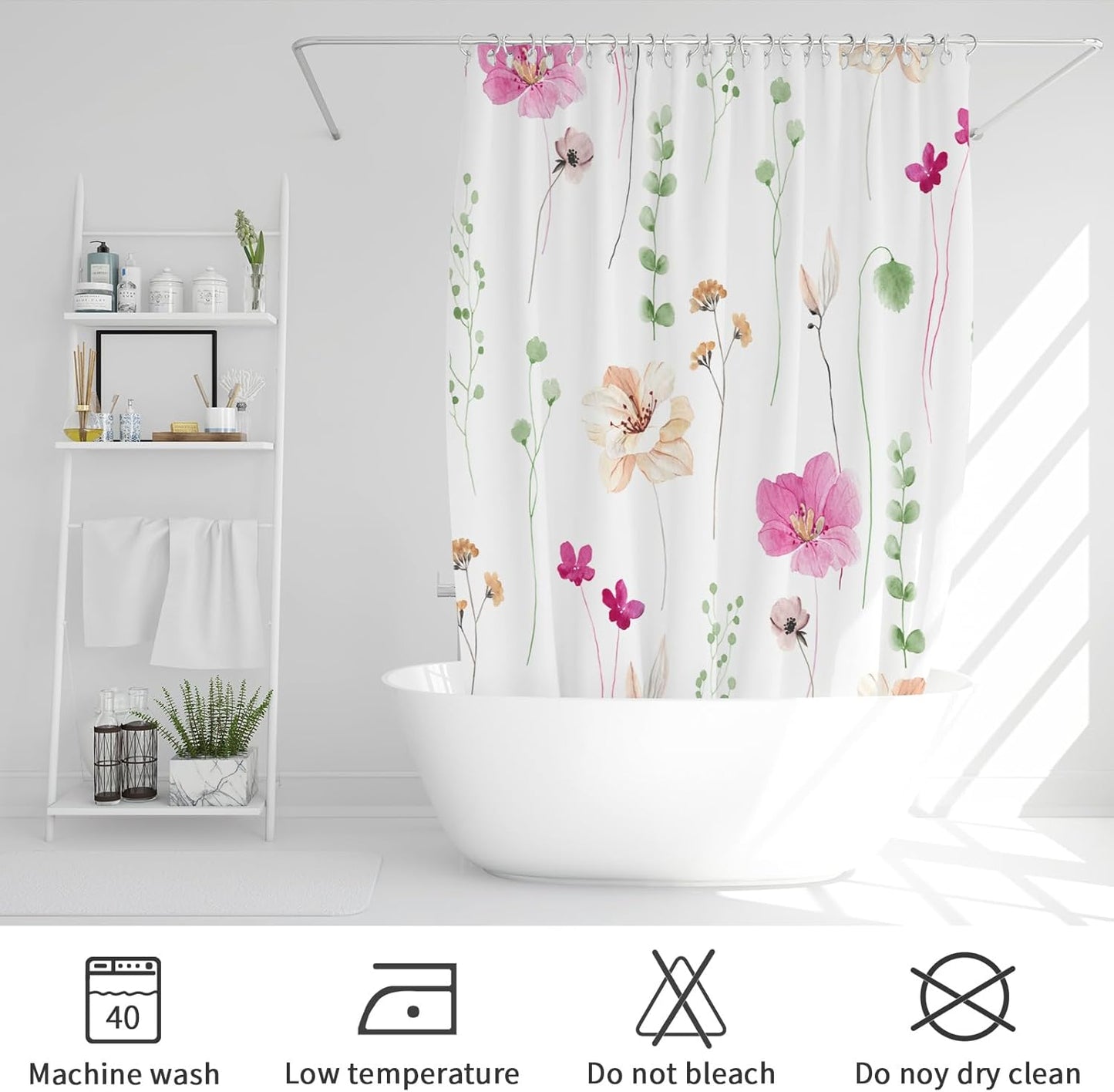 Gibelle Watercolor Floral Shower Curtain, Pink Beige Flower Shower Curtain for Bathroom, Modern Minimalist Waterproof Fabric Shower Curtain Set with Hooks 72x72 Inch