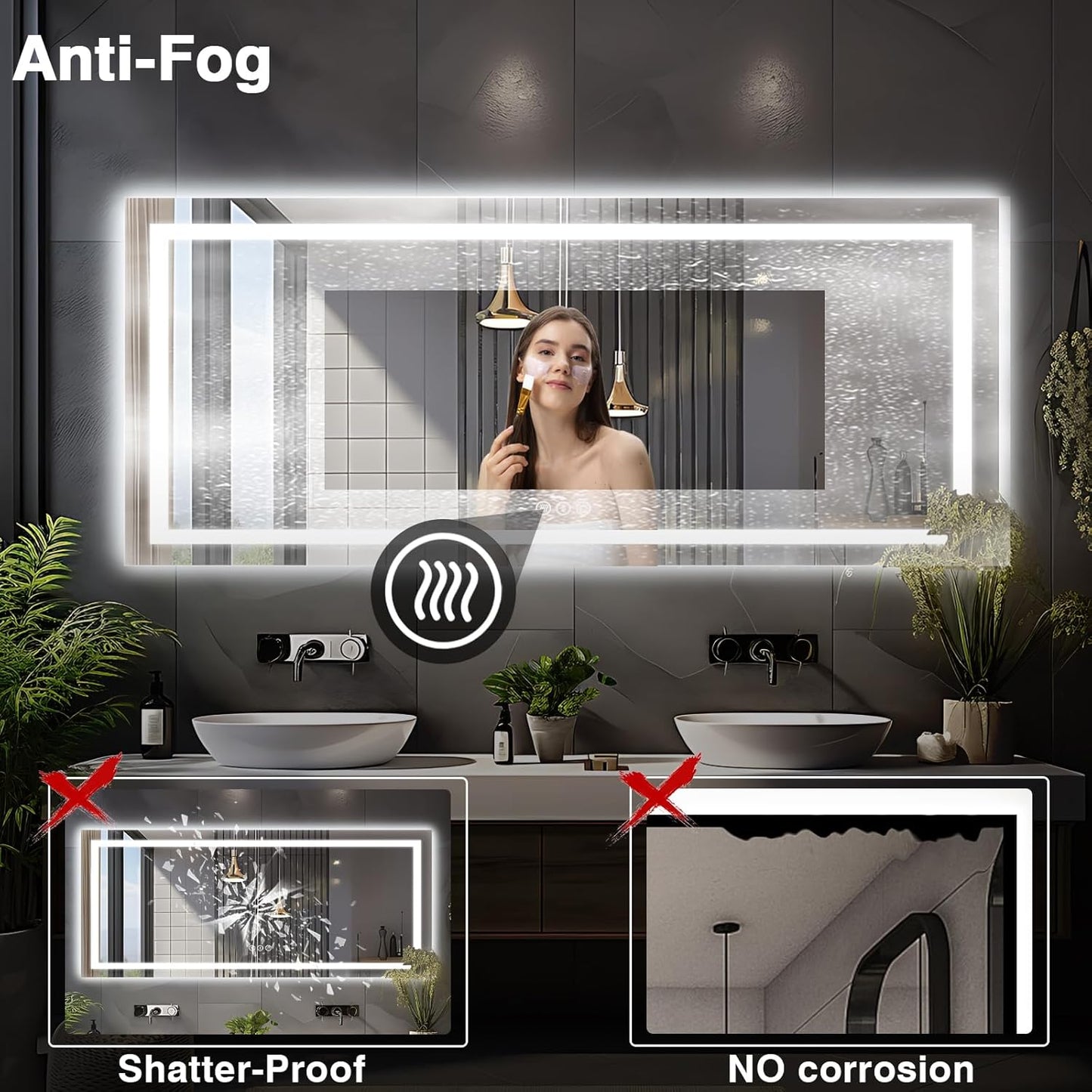 96"x36" Large LED Bathroom Mirror with Lights (Front and Backlit), Anti-Fog Lighted Mirror for Wall, Stepless Dimmable Lighted Mirror, 3 Colors Smart Mirror (Horizontal/Vertical)