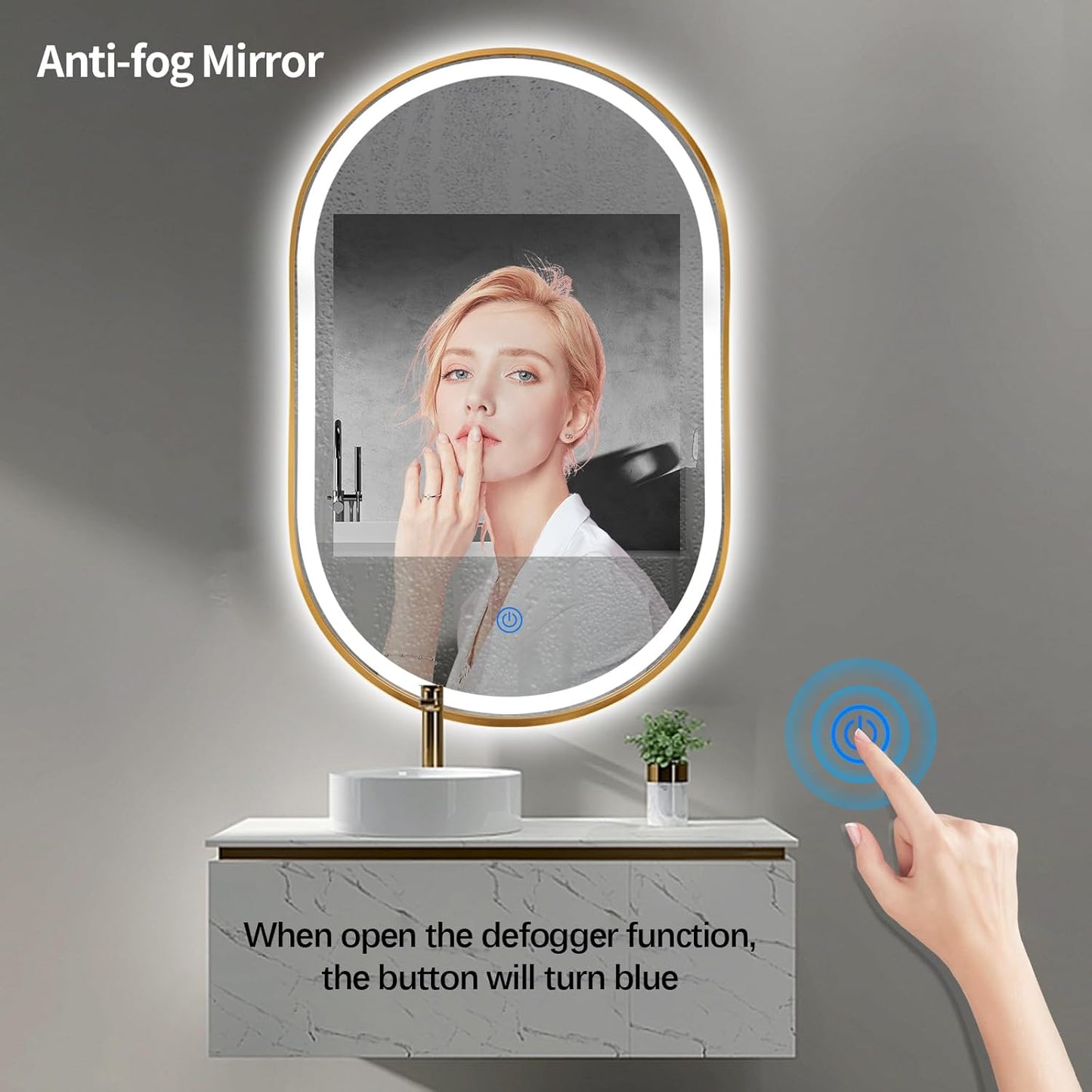 Oval LED Bathroom Mirror, 36"x24" Lighted Wall Mounted Vanity Mirror with Metal Frame, Anti-Fog IP66 Waterproof Smart Mirror, Memory Function, (Horizontal or Vertical), Gold