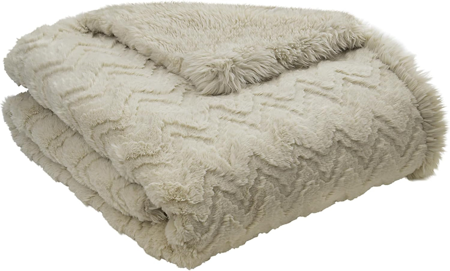 Mon Chateau 60" x 70" Crest Faux Fur Throw, Plush Luxury Blanket for Couch, Sofa, or Bed, Soft Reversible Throw Blanket for Sleeping, Home & Room Decor, Sandstone Jacquard
