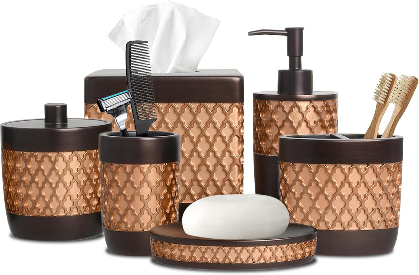 Decozen Bathroom Accessories Set 6Pcs – Soap Dispenser, Toothbrush Holder, Tumbler, Soap Dish & Cotton Swab Jar – Modern Bathroom Decor, Bath Set for Christmas Decor, Wally