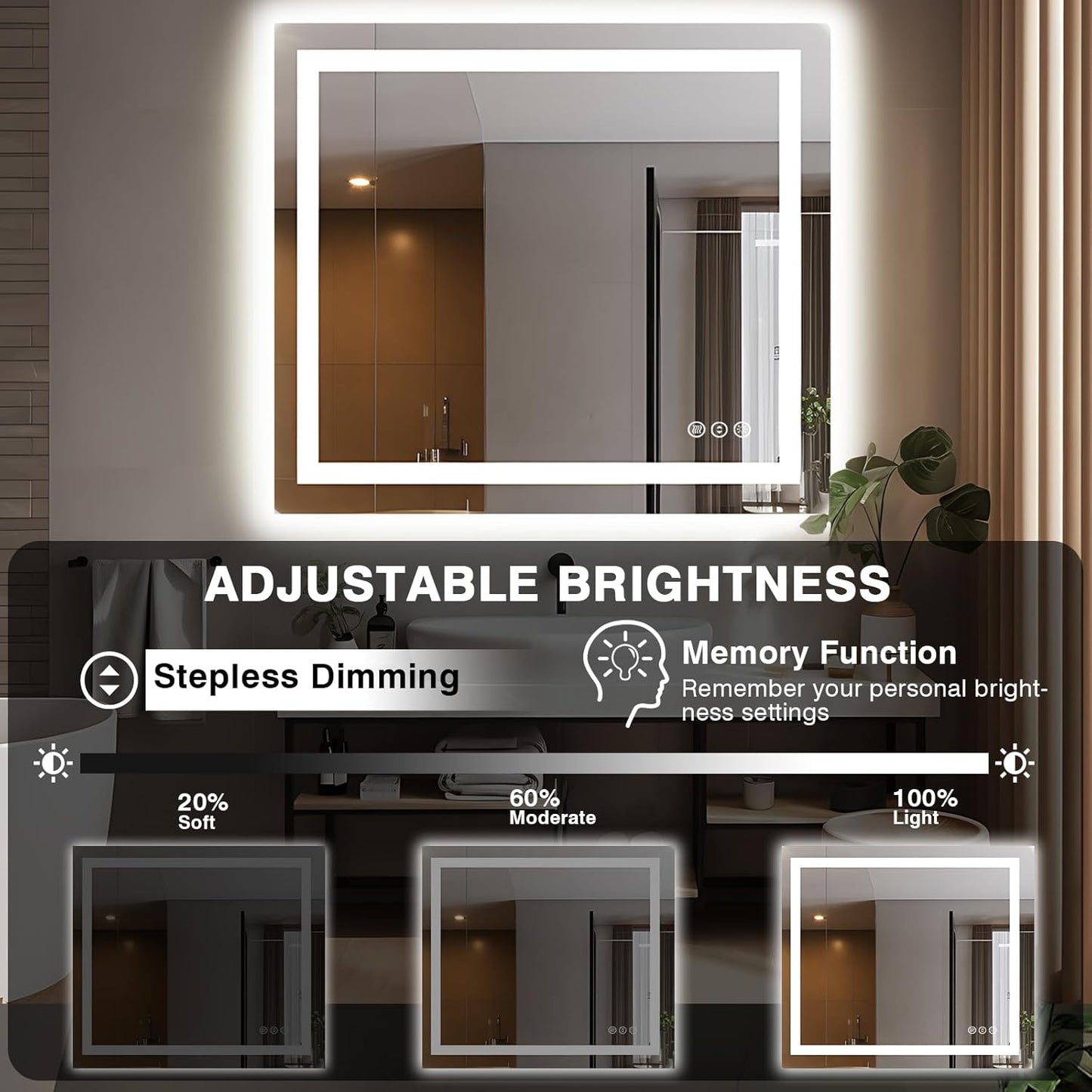 40"x38" Lighted Mirrors for Bathroom Wall, Front and Backlit, Anti-Fog LED Vanity Mirror, Shatter-Proof, 3 Colors Memory Mirror (Horizontal/Vertical)