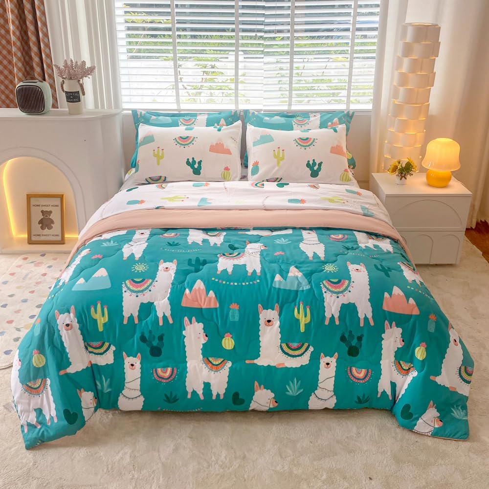 Wajade Kids Llama Comforter Set Bed in A Bag Queen Size 7 Piece Cute Alpaca Tropical Plant Cactus Bedding Set for Girls Boys (1 Comforter, 1 Flat Sheet, 1 Fitted Sheet, 2 Pillowcase and 2 Pillow Sham)