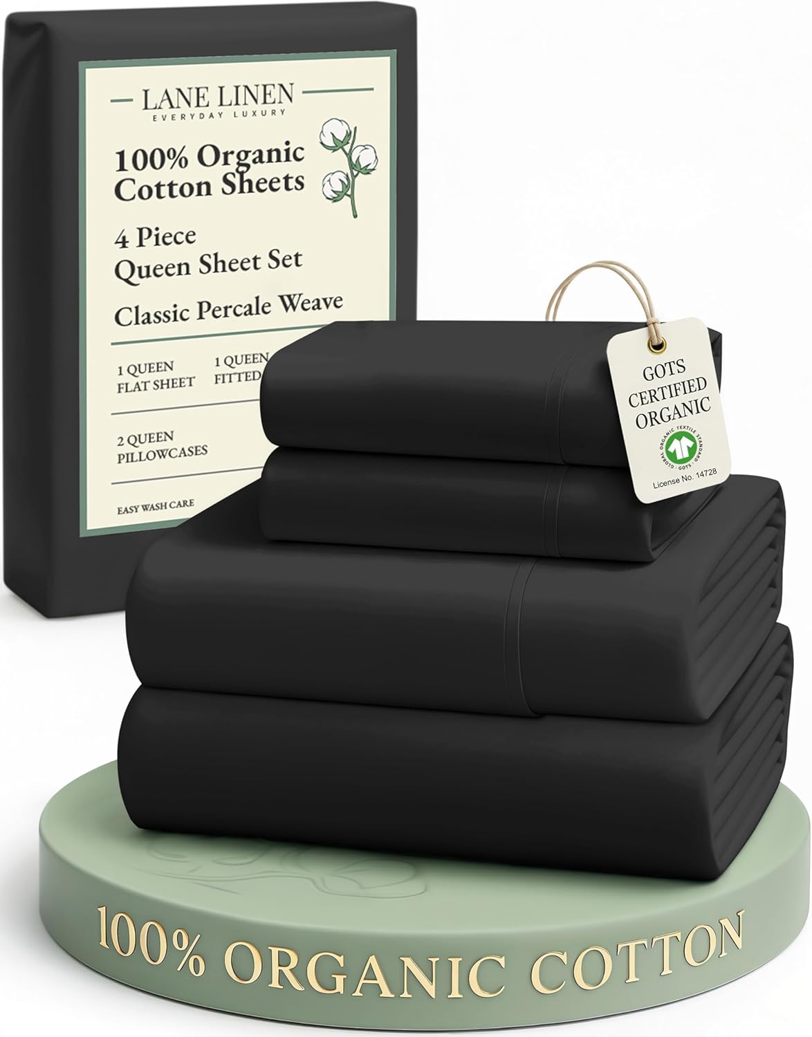 LANE LINEN 100% Organic Cotton Queen Size Sheets Set, Machine Wash Fully Elasticized Naturally Cooling Percale Weave Queen Size Deep Pocket Sheet Sets, Low Pill Eco Friendly Bed Sheets- Black