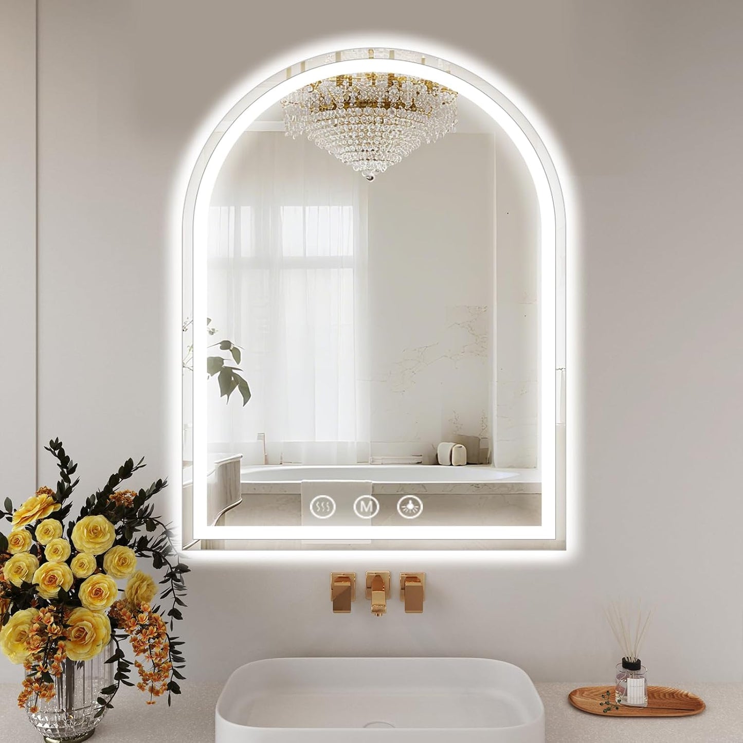 LED Bathroom Mirrors with Lights 30"x34" Arched Mirror for Wall,Led Vanity Mirror, Anti-Fog,LED Mirrors with Front Light and Backlit, Anti-Fog, Dimmable, 3 Color, Shatterproof, Touch Sensor