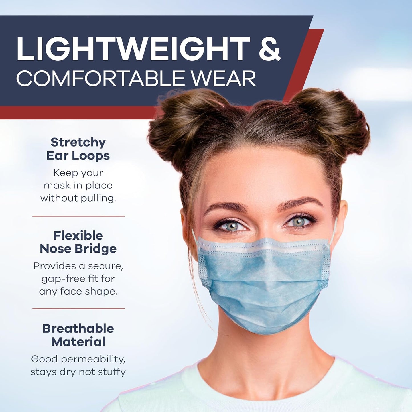 1000 Pack Blue Disposable Face Masks - Level 3 | Bulk 3 Ply Facemask Pack - Soft Breathable Latex Free Non-Woven Dust Mask with Flexible Nose Bridge & Stretchy Ear Loops (20 Packs x 50)