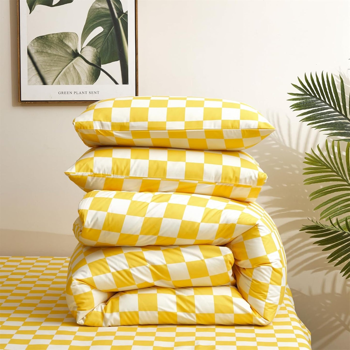 KAREVER Yellow White Grid Comforter Set Queen Yellow Plaid Bedding Set Women Yellow and White Checkered Bed Comforter Set Breathable Blanket Set Men Durable Bedding Comforter Set