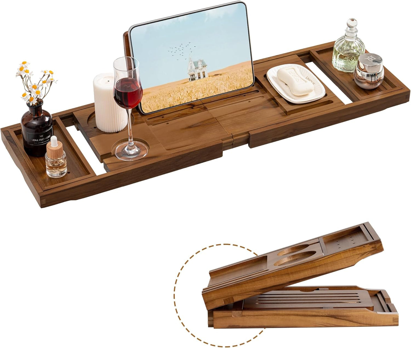 Teak Bathtub Tray Expandable Bathroom Tray for Home Spa Relaxation, Wooden Tray Caddy for Bathtub, Teak Bathtub Caddy as Unique Housewarming, Birthday, Wedding Shower Gifts (Natural Teak)