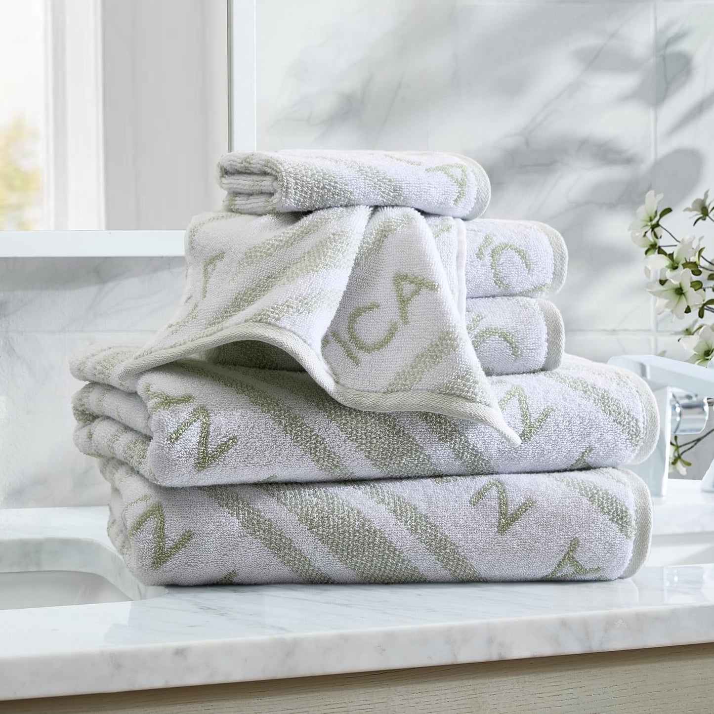 Nautica - Bath Towels, 100% Soft & Absorbent Plush Cotton Towels with Yarn Dye Loops, Medium Weight Bathroom Towels (Minera Greene, 6 Piece)