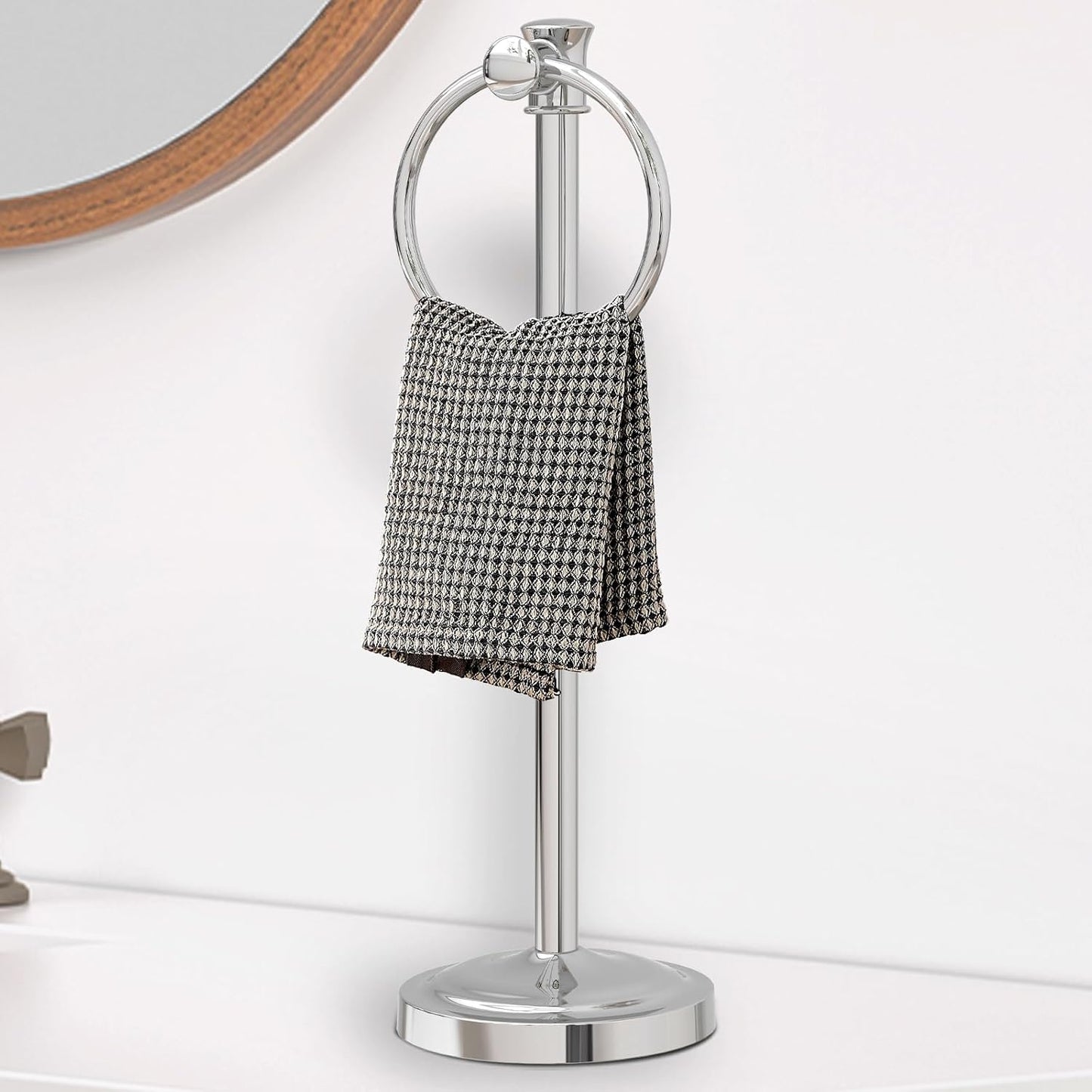 Hoimpro 17 Inch Stand Hand Towel Holder Towel Bar Towel Hanging Ring, Free Standing Floor Hand Towel Rack Storage for Bathroom Kitchen Vanity Countertops, Hardware Accessories(Polished Chrome)