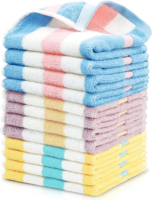Jacquotha Cotton 12 Pack Striped Washcloths, 13 x 13 Inches, 3 Colors - Face and Body Cleansing Towels