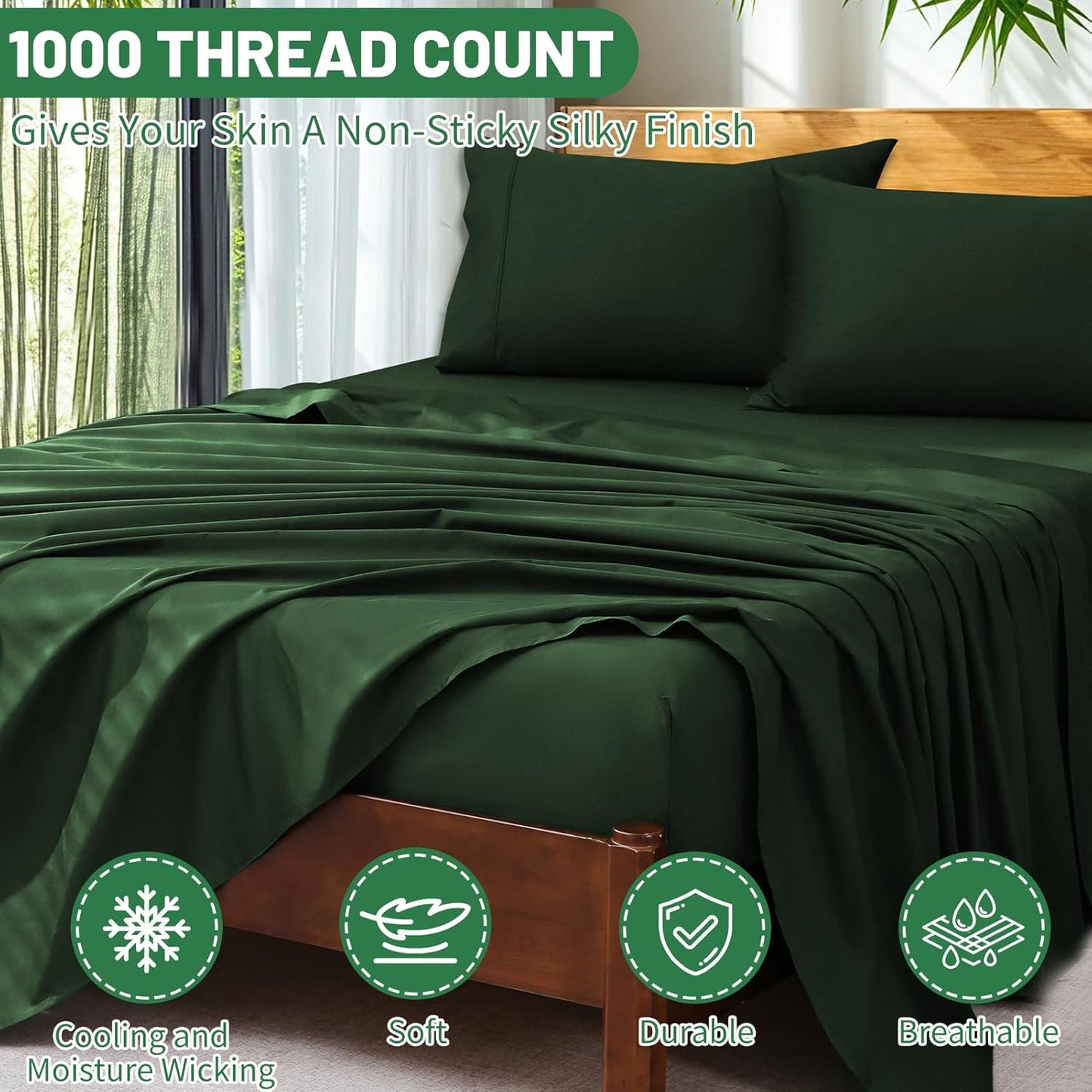 Extra Deep Pocket Queen Sheets 18-24 Inch 1000 Thread Count 100% Egyptian Cotton Sateen Weave Soft Breathable 4 Pieces（Queen,Forest Green）