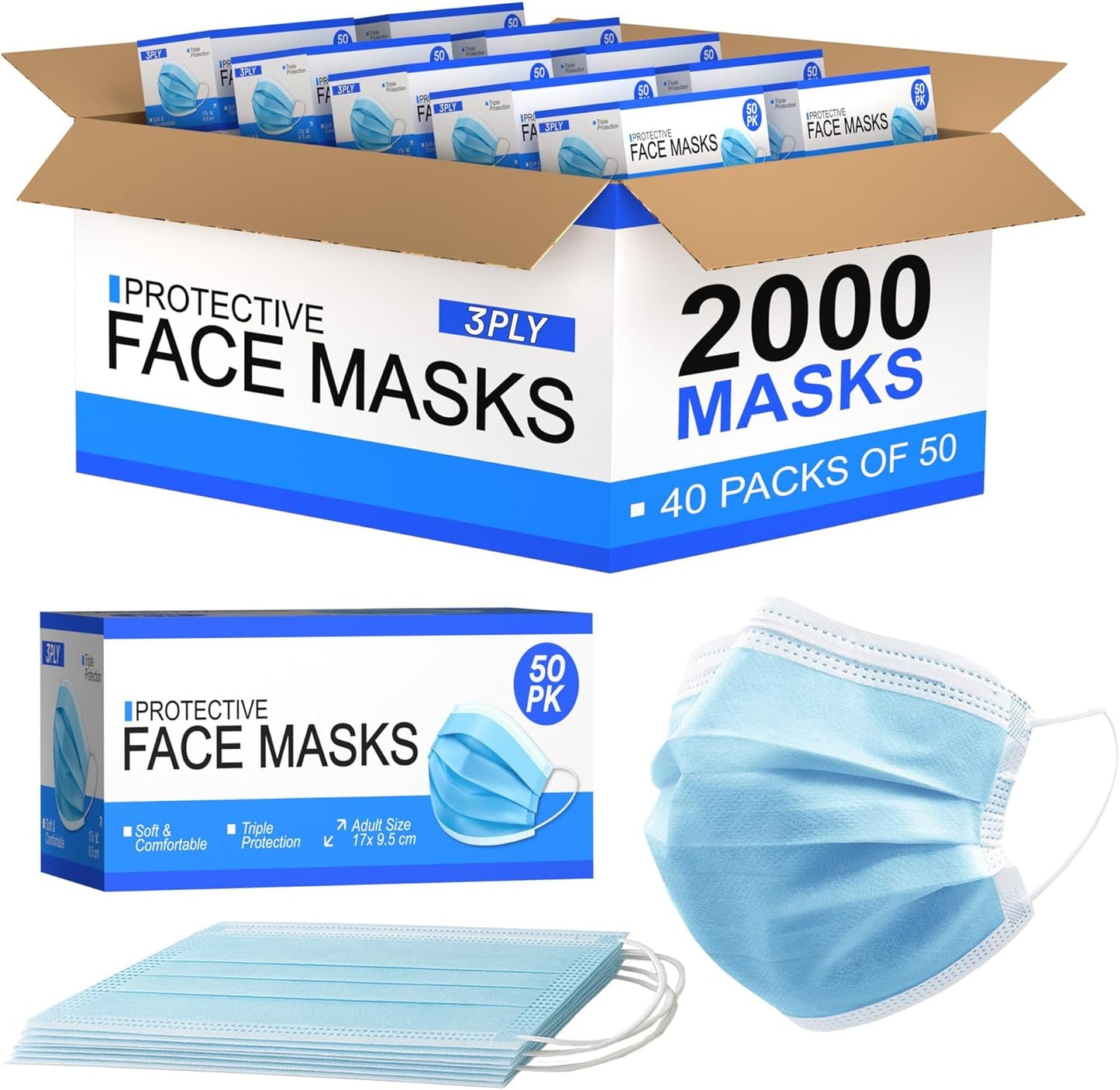 [Pack of 2000] Fuye Blue Disposable Face Masks | Protective 3-Ply Breathable Comfortable Nose/Mouth Coverings for Home & Office | Elastic Ear Loop 3-Layer Safety Shield for Adults/Kids.
