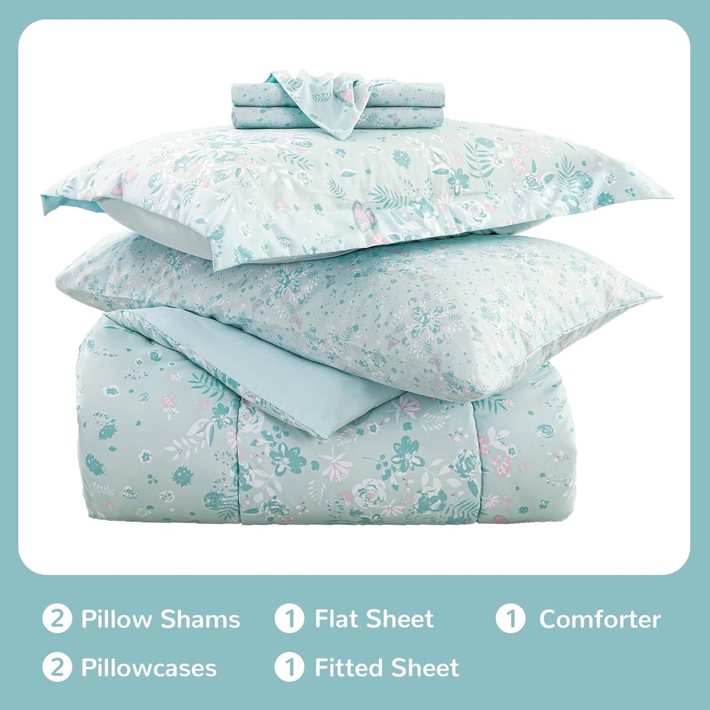 Viviland Kids Full Bedding Sets for Girls, Soft Full Comforter Set with Sheets, 7 Pieces Microfiber Bed in a Bag, Green Butterfly