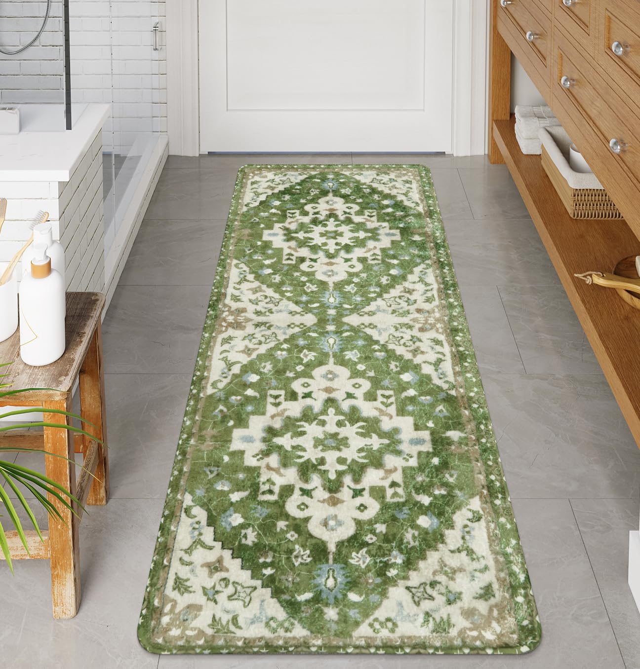 Uphome Boho Retro Large Bathroom Rugs Sage Green Non-Slip Soft Bedroom Runner Rug Oriental Floral Machine Washable Kitchen Rug Cute Farmhouse Floral Carpet for Hallway Laundry Kids Room, 24x59 inch