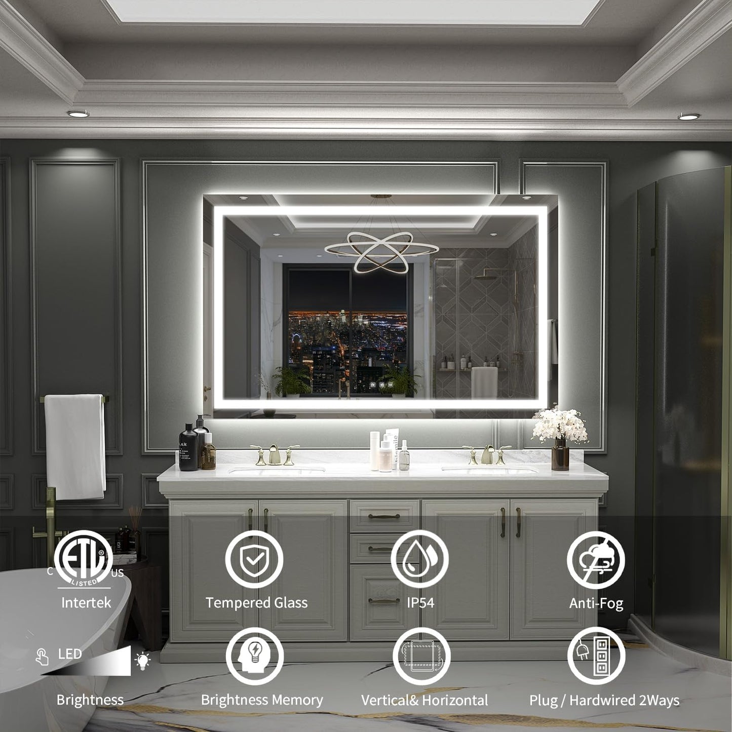 LED Mirror for Bathroom, 57x36 Inch Backlit + Front Lighted Bathroom Vanity Mirror with Lights for Wall, Double Light Strips, 3 Colors, Shatter-Proof, Anti-Fog and Brightness Memory