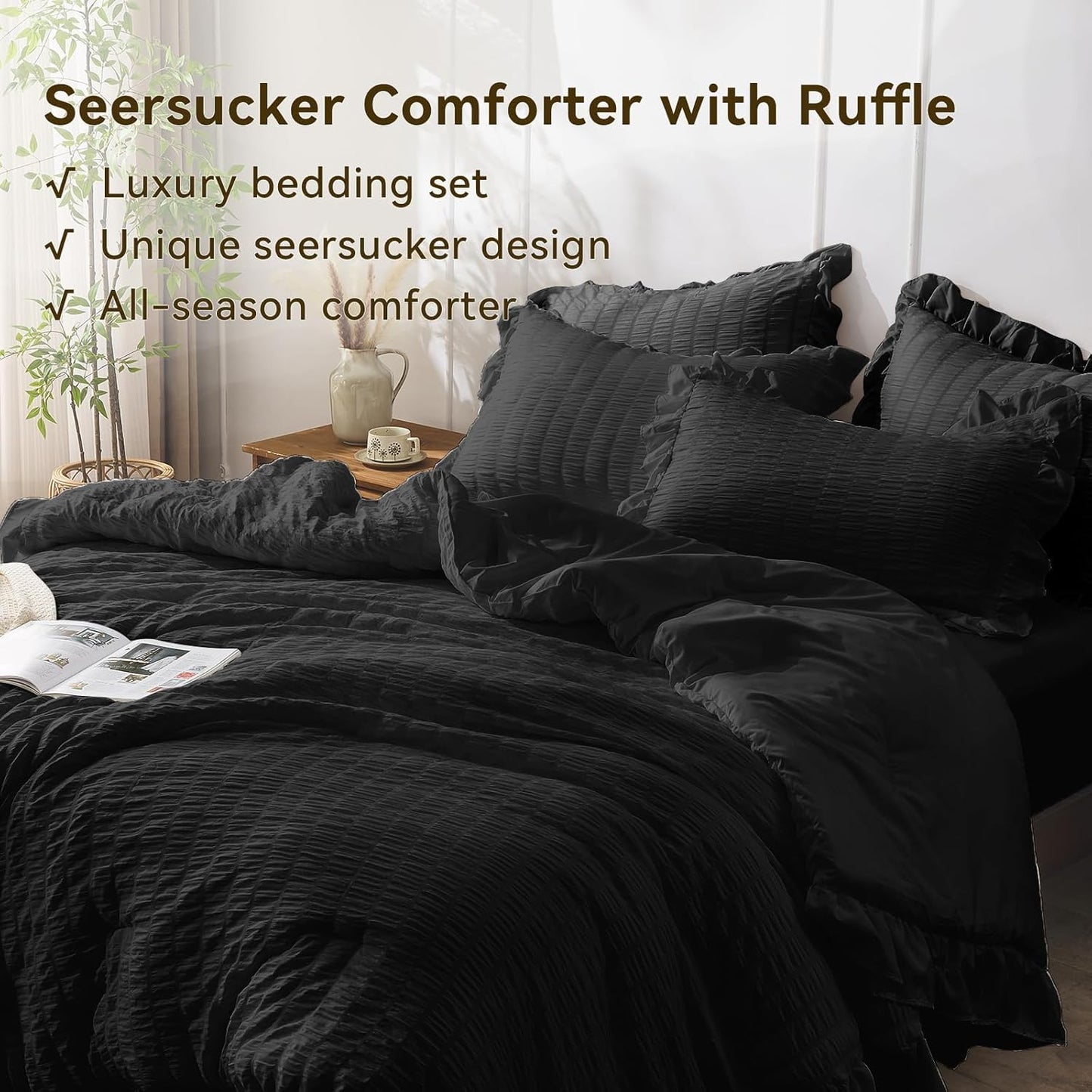 JOLLYVOGUE Black Comforter Full Size, 3 Pieces Seersucker Lightweight Full Size Bedding, All Season Fluffy Microfiber Bedding Comforter Set with 1 Ruffle Comforter and 2 Ruffle Pillowshams
