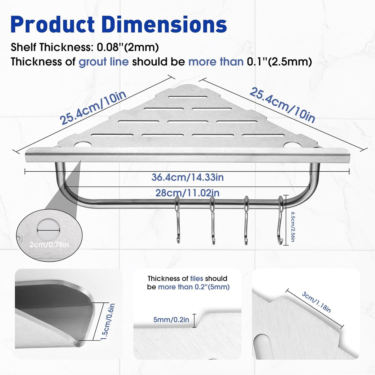 Shower Corner Shelf, 10'' Corner Shower Shelf with Towel Bar & Hooks, 2-Pack 304 Stainless Steel Recessed Bathroom Shelves, No Drilling for Tiled Wall (Brushed Nickel)