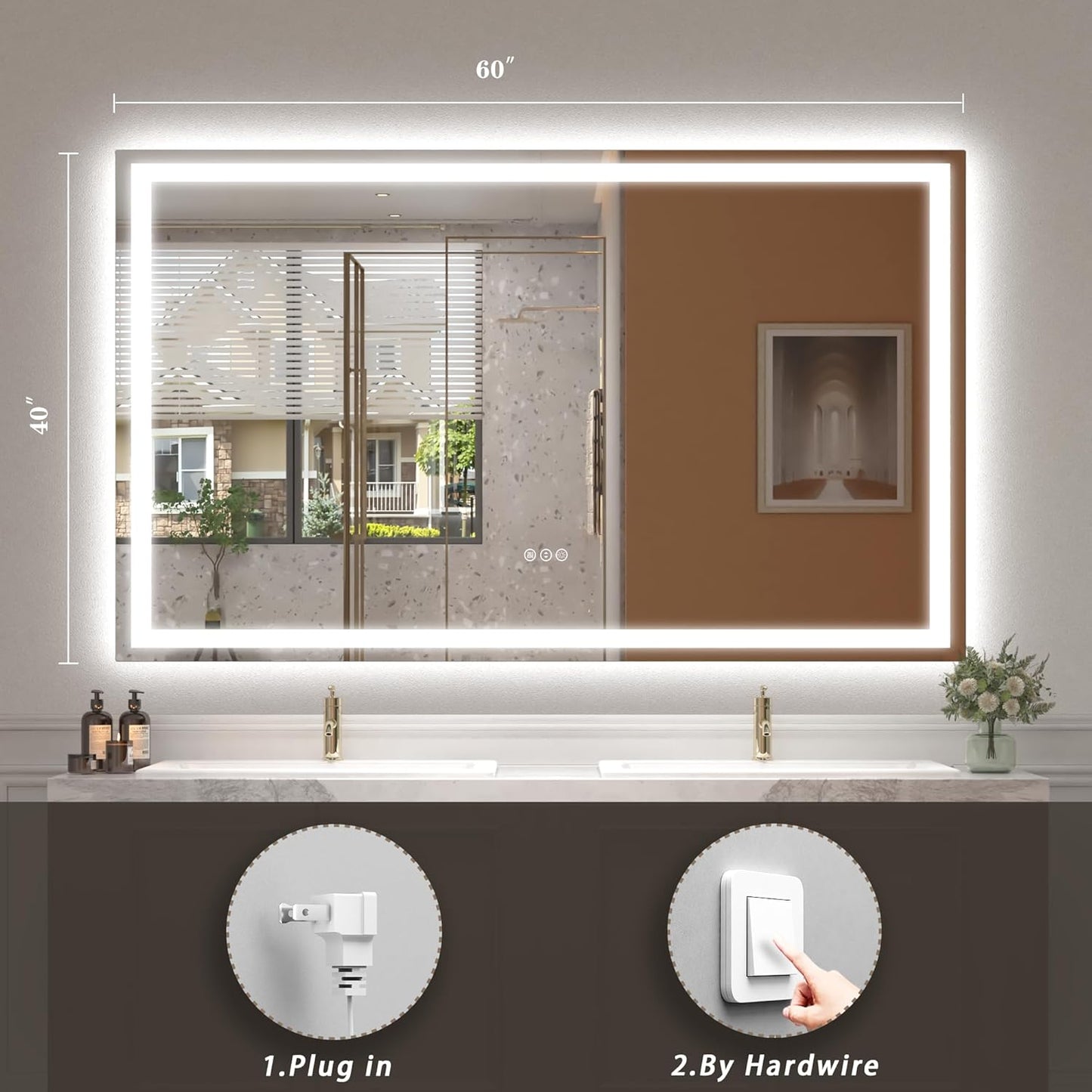 60x 40 Inch Lighted Bathroom Mirror for Wall, LED Illuminated Vanity Mirror with Lights, Dimmable, Anti-Fog, ETL Listed (Backlit and Front Lighted)