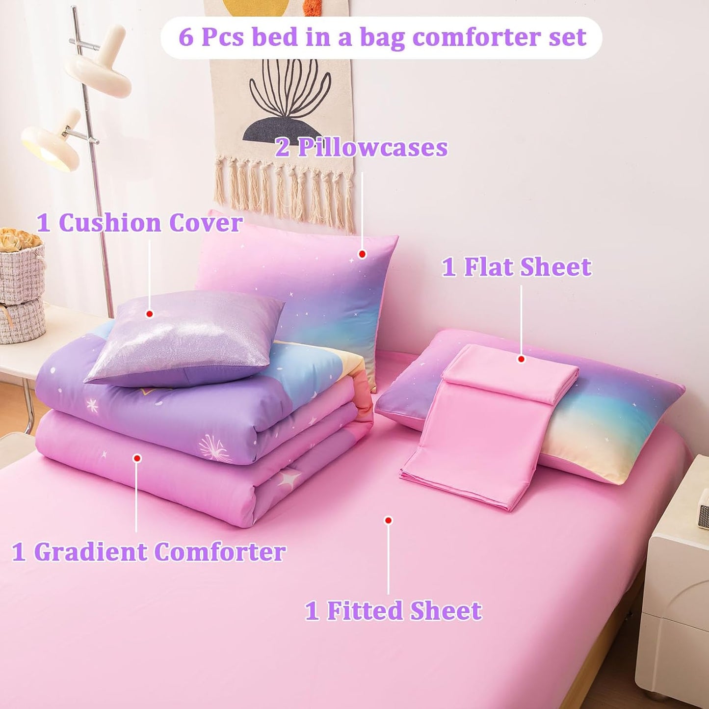 Rainbow Bedding Set Full Size – 6-Piece Reversible Girls Comforter with Deep-Pocket Sheet, Gradient Galaxy Design, Whole-Piece Filling, Machine Washable Bed-in-a-Bag for Kids Room Makeover & Gifts