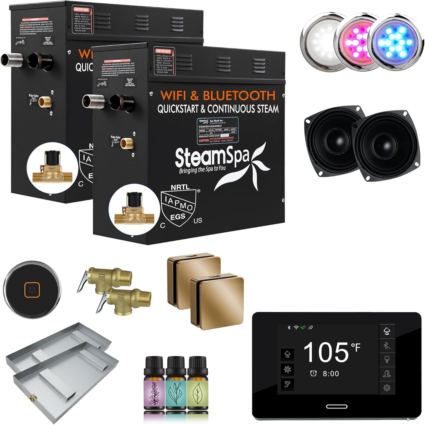 SteamSpa Steam System 21kW Steam Shower Generator with Bluetooth Wifi, Quickstart Continous Steam, Advanced Touch Pad Screen, Chroma Lights, Drain Pan and Auto Drain Gold RVBS2100GD-A