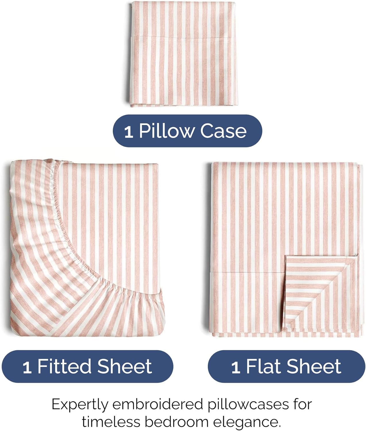 Twin XL Size 3 Piece Sheet Set - Extra Soft, Breathable & Cooling Sheets - Hotel Luxury Bed Sheets for Women & Men - Deep Pockets, Easy-Fit & Wrinkle-Free Sheets - Blush Stripes Oeko-Tex Bed Sheets