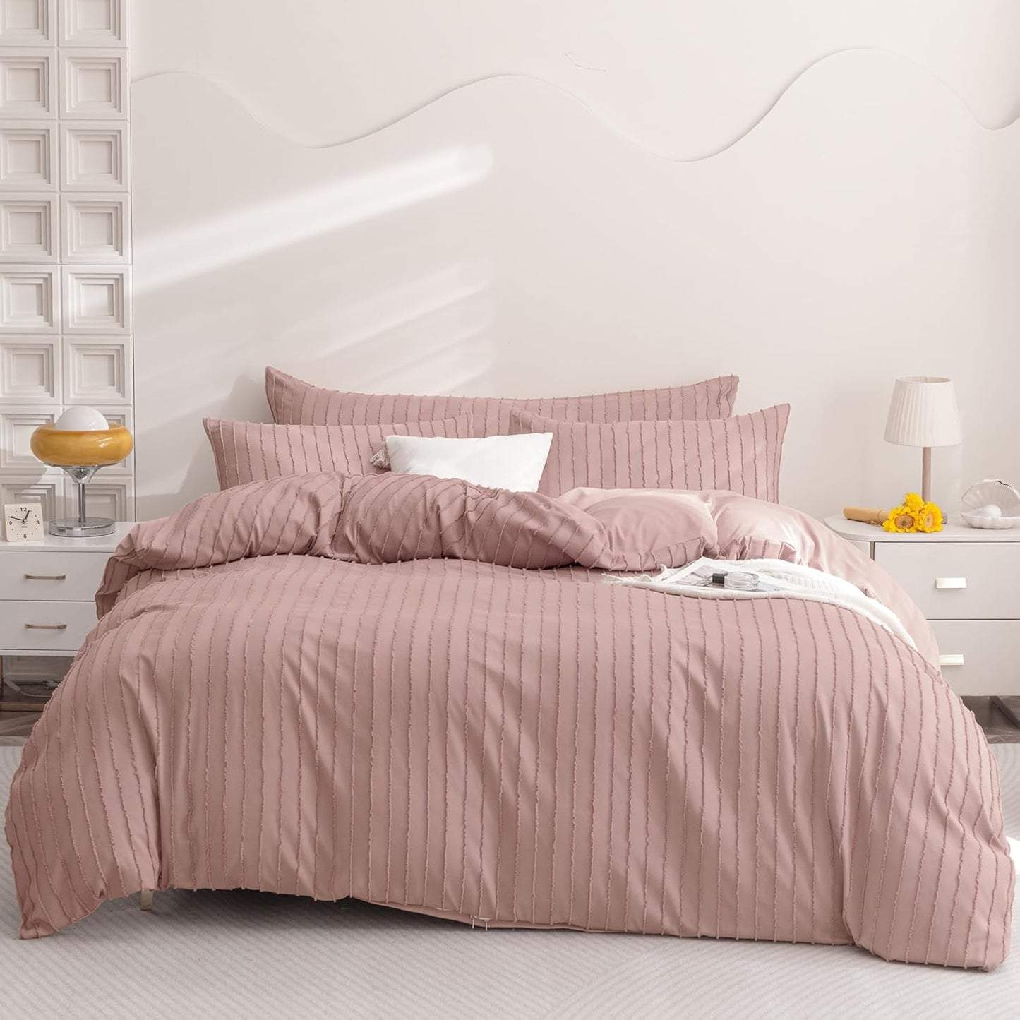 JELLYMONI Duvet Cover Twin Size Smokey Pink - 3PCS Boho Striped Duvet Cover Set Polyester Tufted Bohemian Textured Comforter Cover 68×90in with Corner Ties & Zipper and 2 Pillowcases