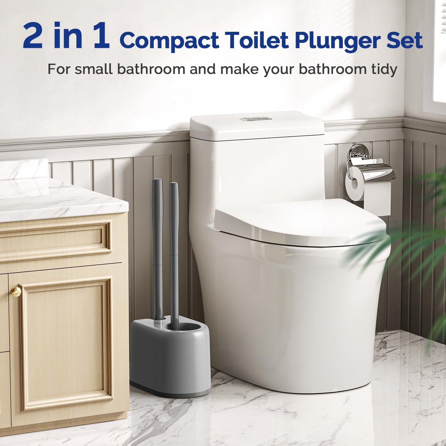 HAMITOR Toilet Plunger Bowl Brush Combo：Heavy Duty Rubber for Drain Clog Remover - Curved Design Bristles for Deep Cleaning Under Rim - Compact Bathroom Cleaning Tools for New Homet Essentials -Gray