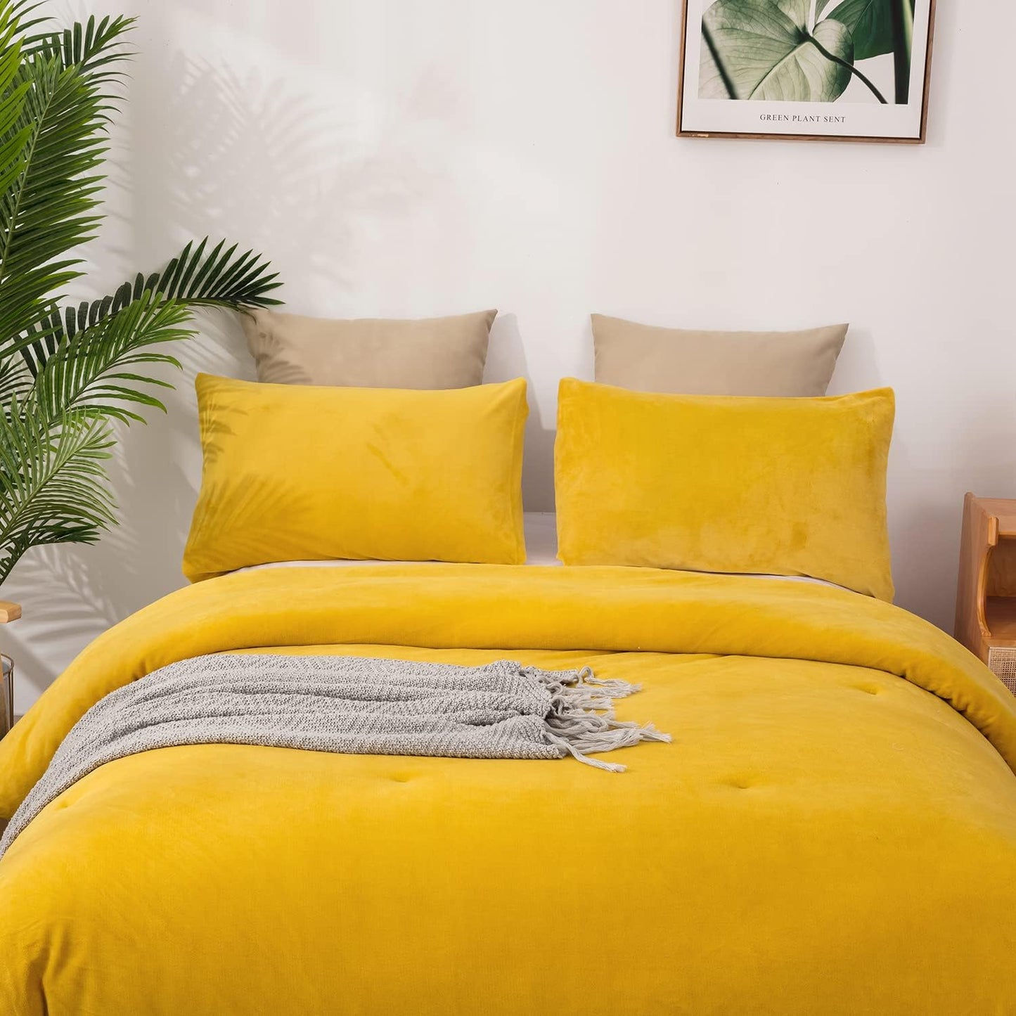 Cottonight Yellow Velvet Comforter Set Full Women Men Mustard Yellow Flannel Plush Fluffy Bedding Comforter Set Full Warm Heavyweight Winter Shearp Micromink Quilts Comforter Soft Comfy