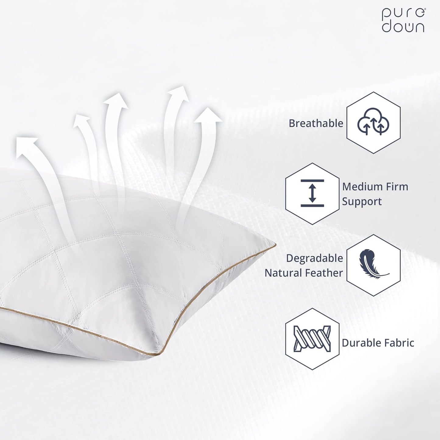 puredown® Goose Feathers and Down Pillow with Diamond Quilting with 100% Cotton Cover, Pack of 1, Queen Size