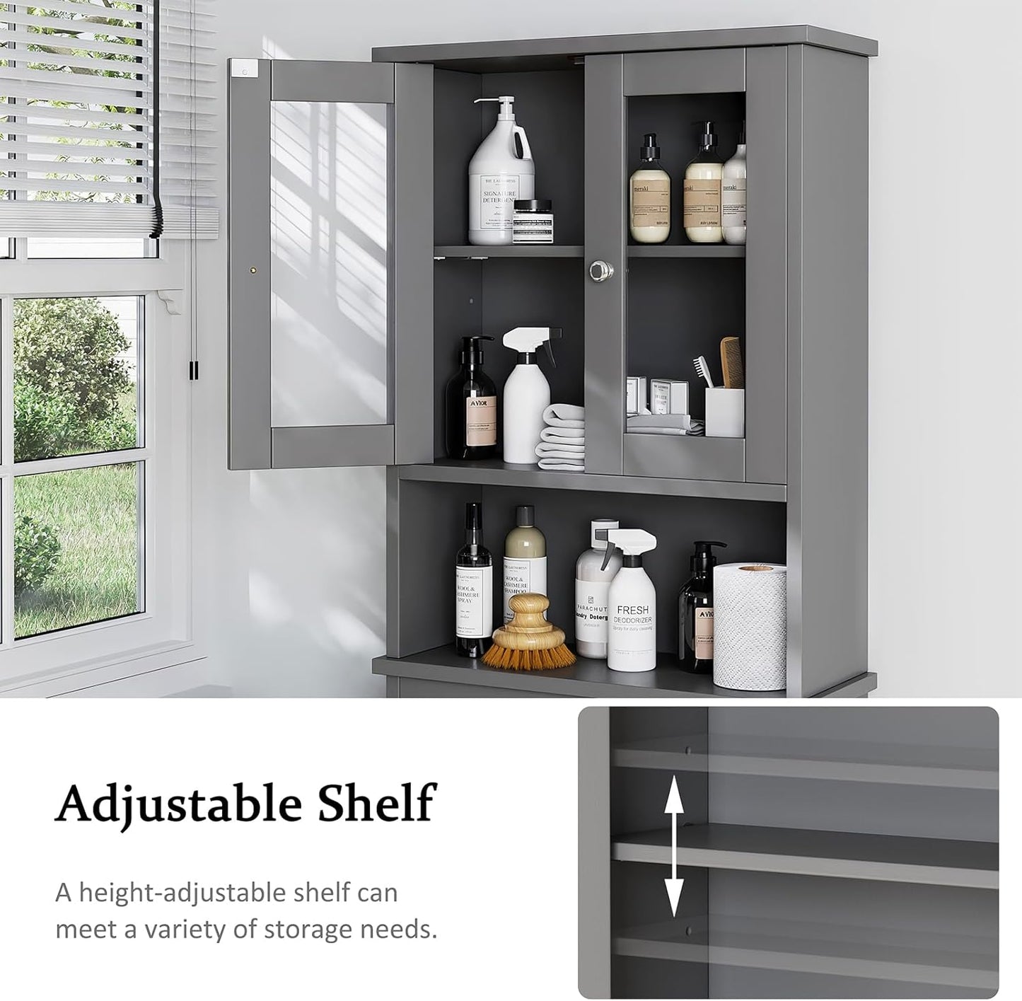 Meilocar Over The Toilet Storage Cabinet, Bathroom Storage Organizer Over Toilet with Glass Doors, Over Toilet Cabinet for Bathroom Freestanding Space Saver, Grey