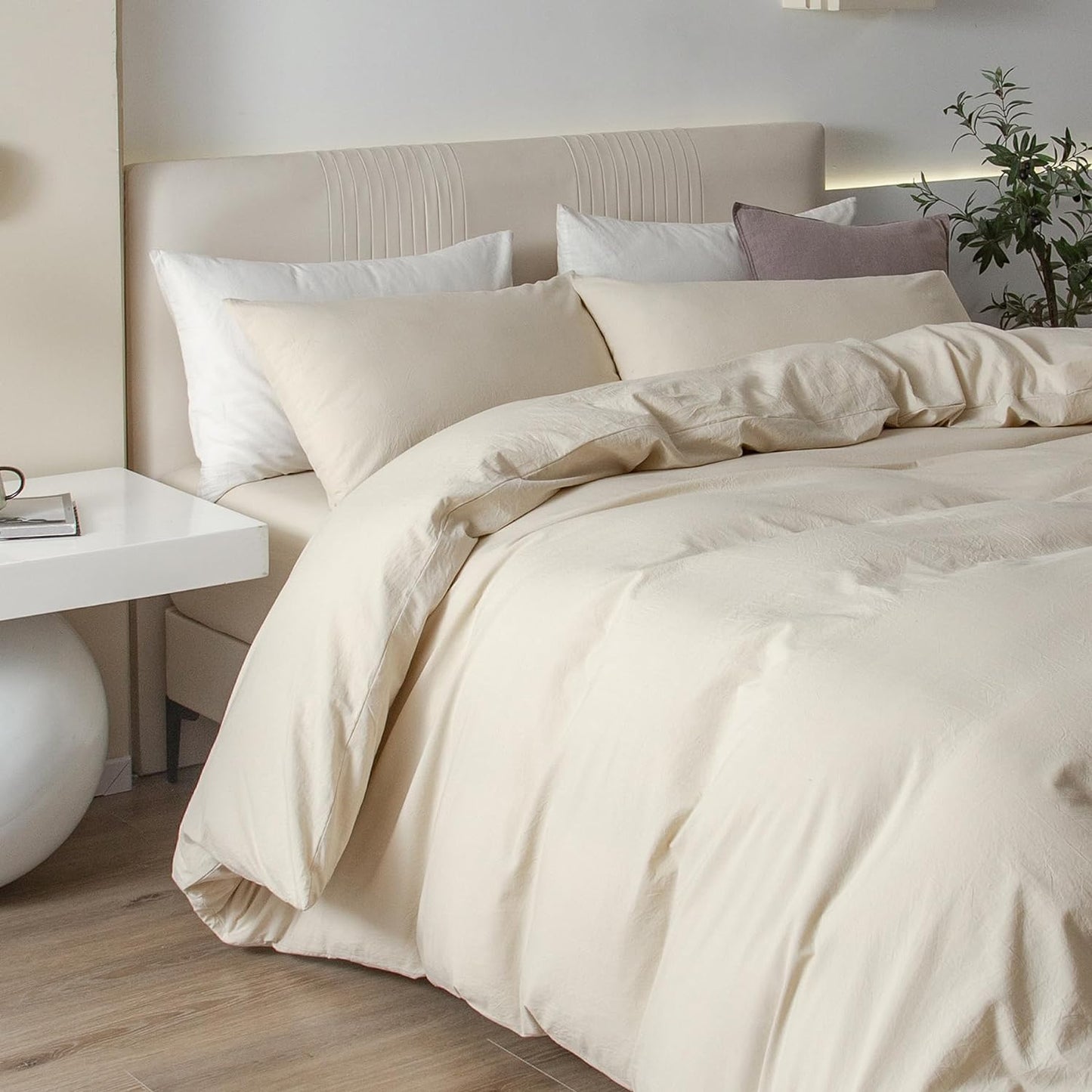 JIYUAN 100% Washed Cotton Duvet Cover Set 3 PCS Oversized King Plus, 1 Duvet Cover 128"x120"(Comforter Not Included) and 2 Pillowcases,Linen Feel Bedding Set Comfy and Breathable,Heathered Beige