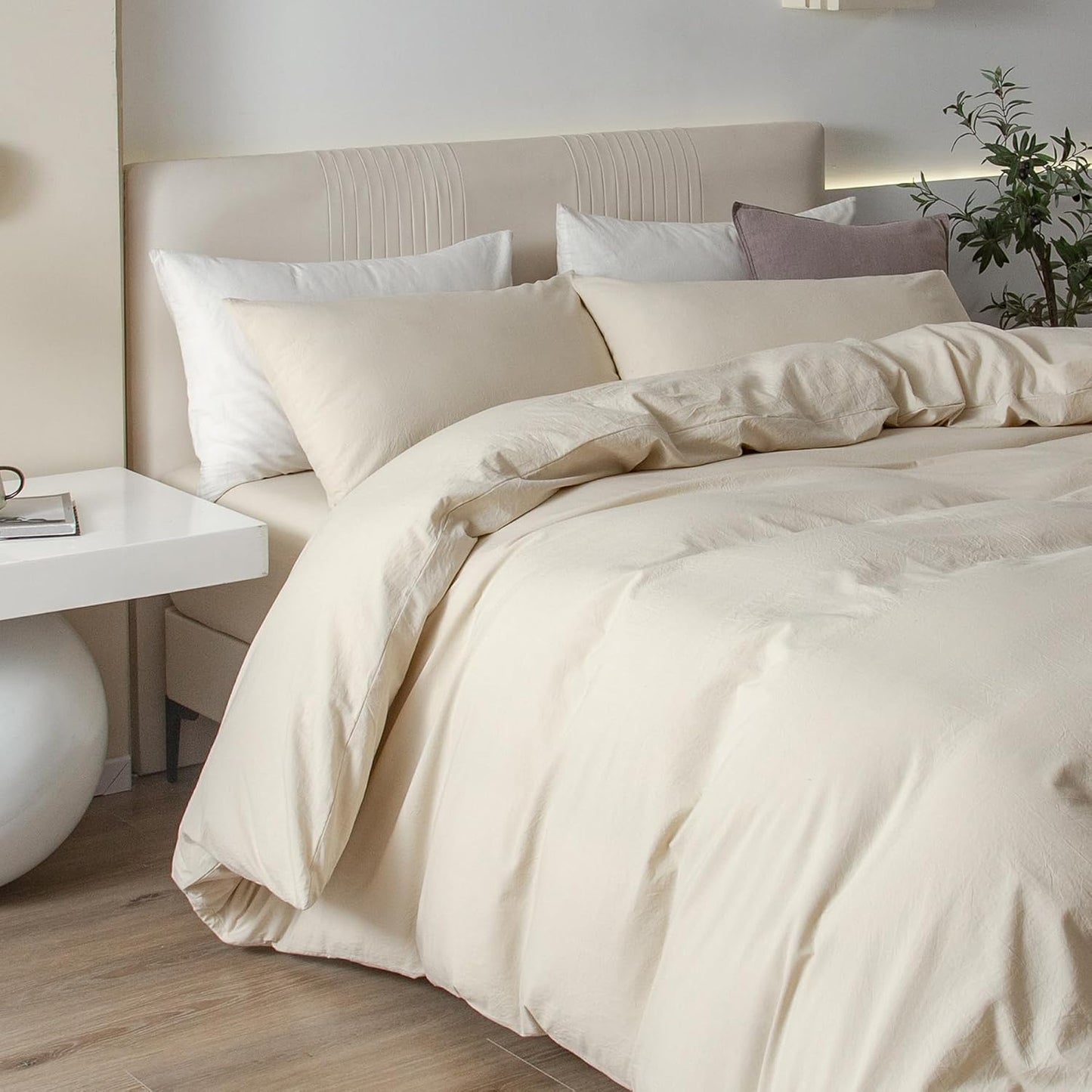 JIYUAN 100% Washed Cotton Duvet Cover Set 3 Pieces Queen, 1 Duvet Cover 90x90 Inches(Comforter Not Included) and 2 Pillowcases,Linen Feel Bedding Set Comfy and Breathable,Heathered Beige