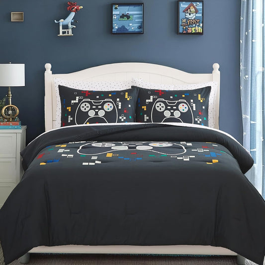 Full Size Comforter Set for Boys-7 Pieces Gamer Glow in The Dark Full Bedding Sets for Kids, Ultra Soft Bed in A Bag with Sheets