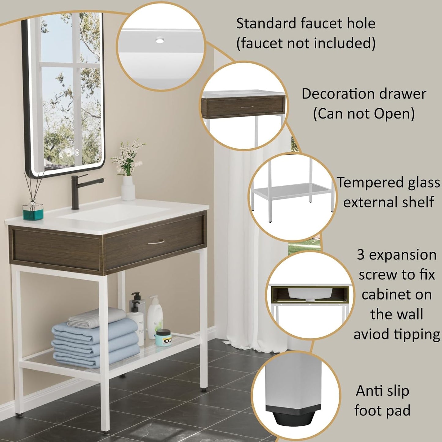 30 Inches Bathroom Vanity with Resin Sink, Single Sink Modern Cabinet Set, Stainless Steel Frame with Tempered Glass Open Shelf, Freestanding Bathroom Storage Cabinet Combo, White