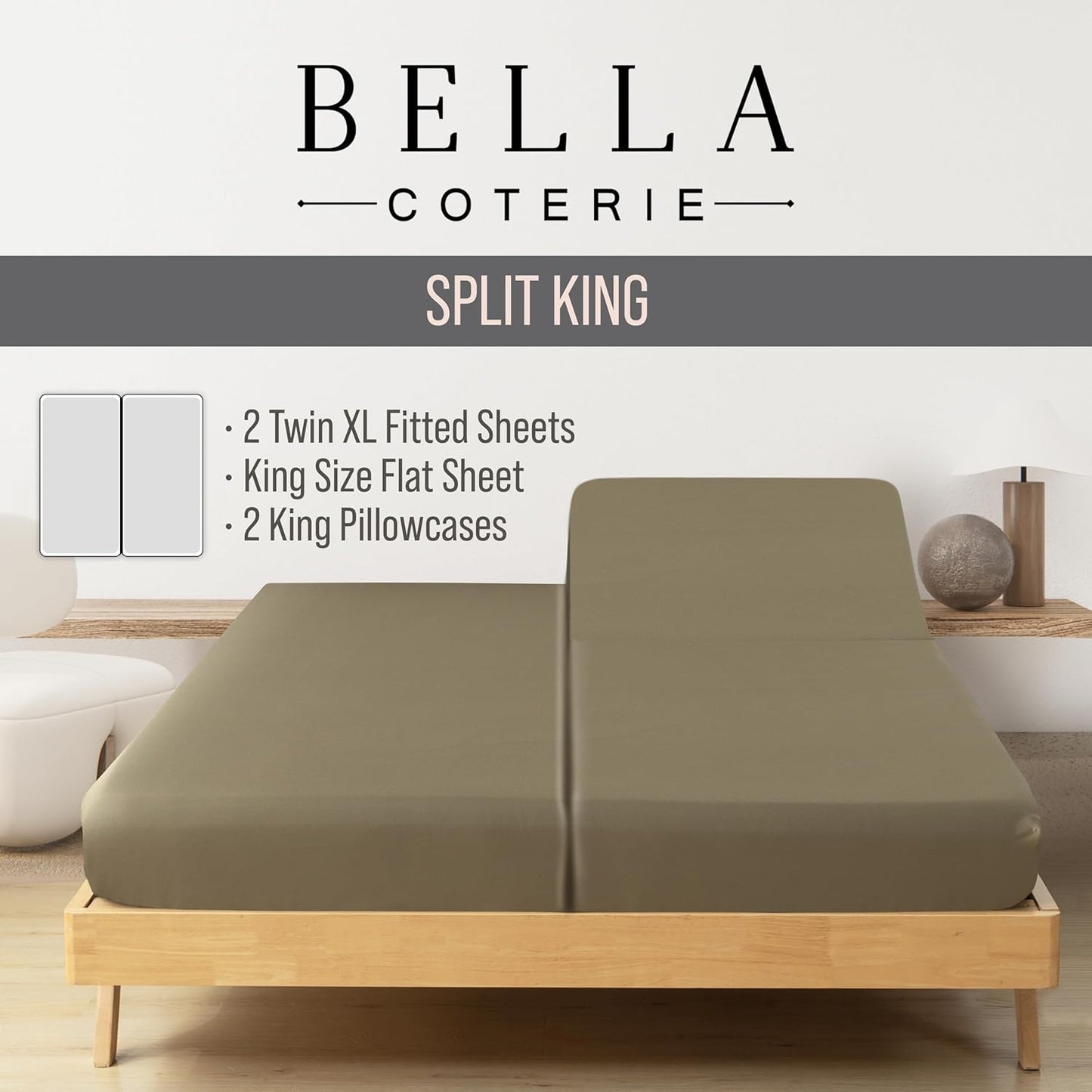 Bella Coterie Luxury Bamboo Viscose Split King Size Sheet Set | 2 Fitted Sheets for Sleep Number & Adjustable Beds | 100% Organically Grown | Cooling & Ultra Soft | 18” Deep Pocket [Olive]